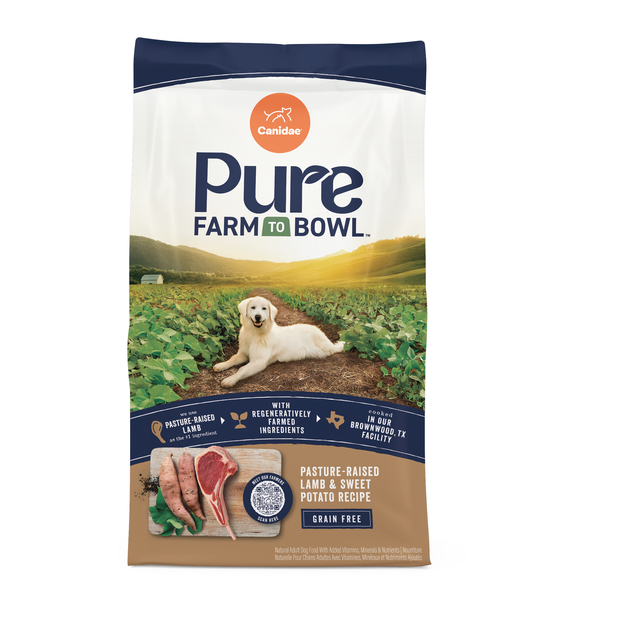 Canidae Pure Farm to Bowl Pasture-Raised Lamb and Sweet Potato grain free dry dog food, front of the 22 lb bag