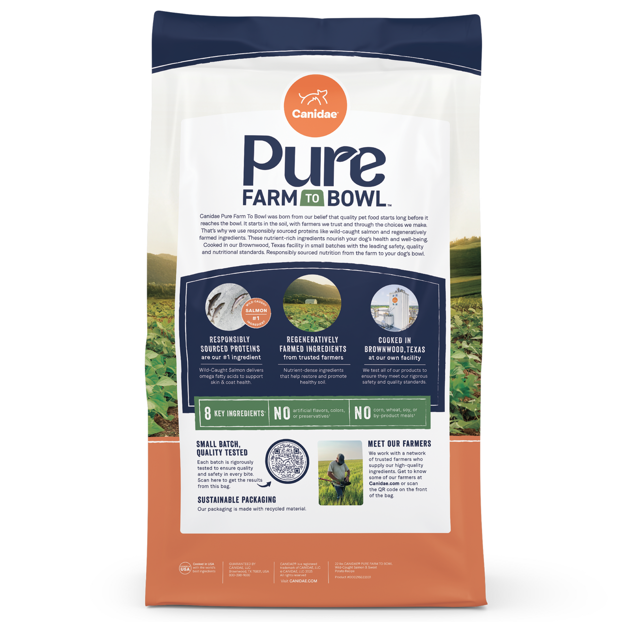 Canidae Pure Farm to Bowl Salmon and Sweet Potato back of the bag with product benefits