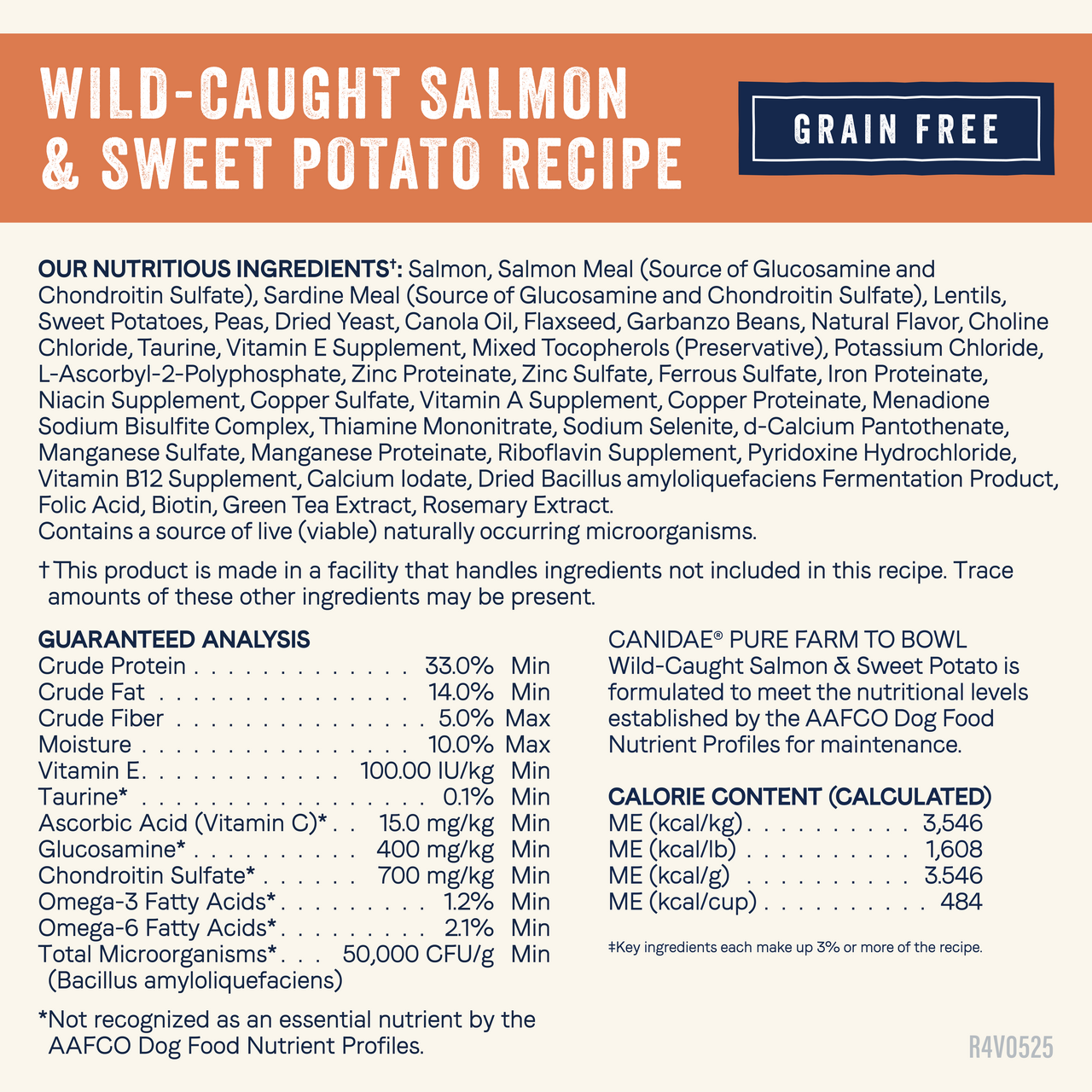 Canidae Pure Farm to Bowl Salmon and Sweet Potato guaranteed analysis and full ingredients list