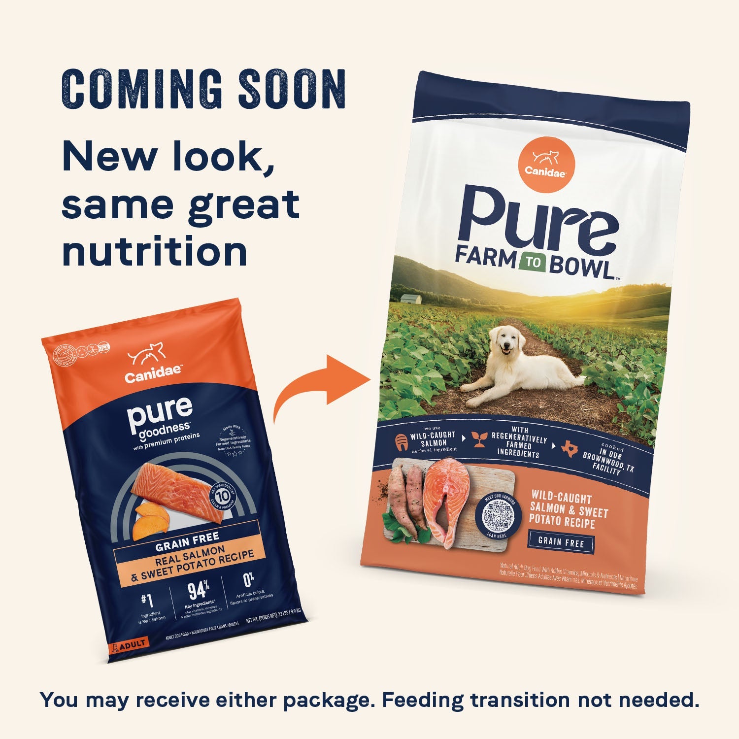 Canidae Pure Farm to Bowl Salmon and Sweet Potato new packaging with the same recipe