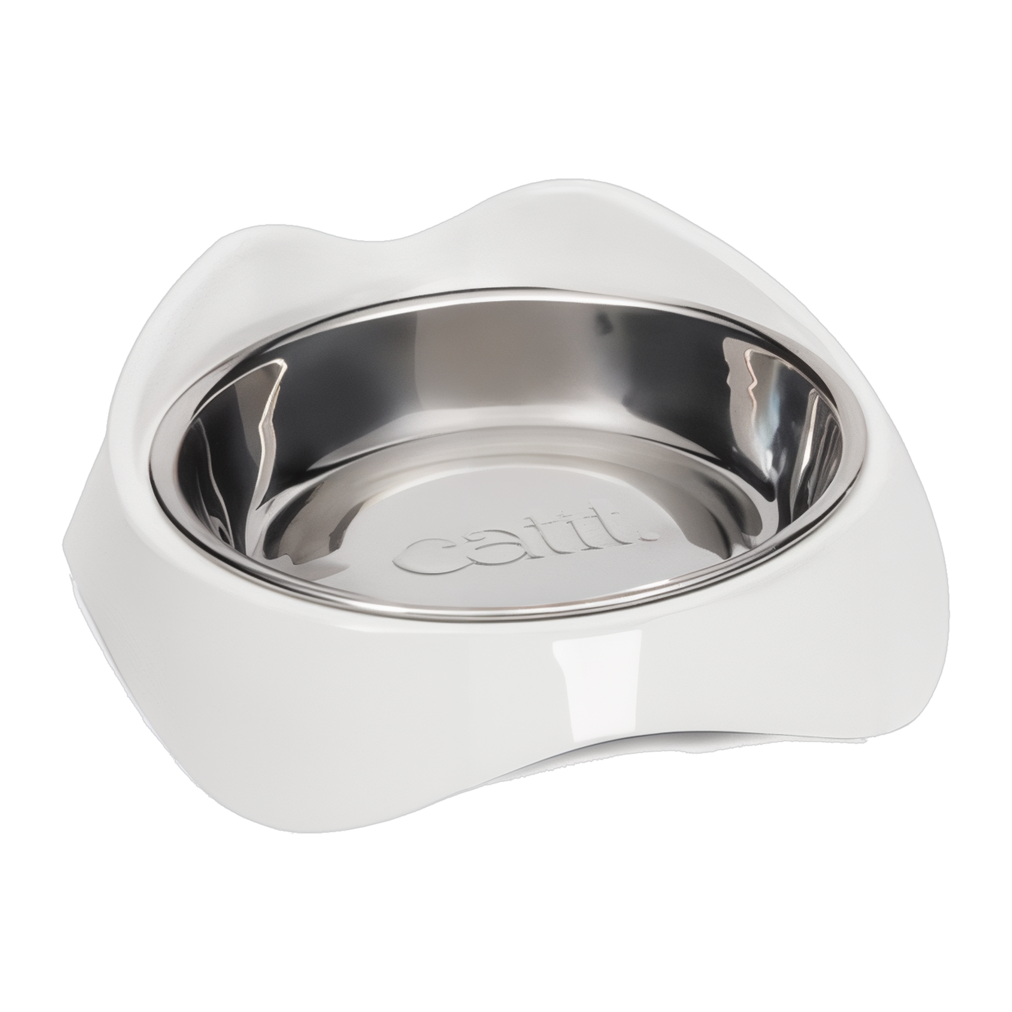Catit PIXI Feeding Dish in glossy white with stainless steel dish, front angled view