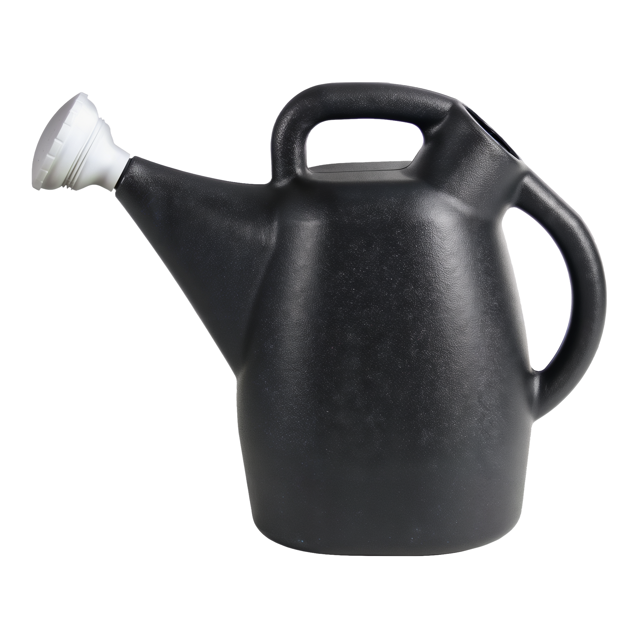 Chapin Tru-Stream 100% recycled 2-gallon watering can, black recycled polymer can with a white Tru-Stream shower nozzle, top handle and back grip handle