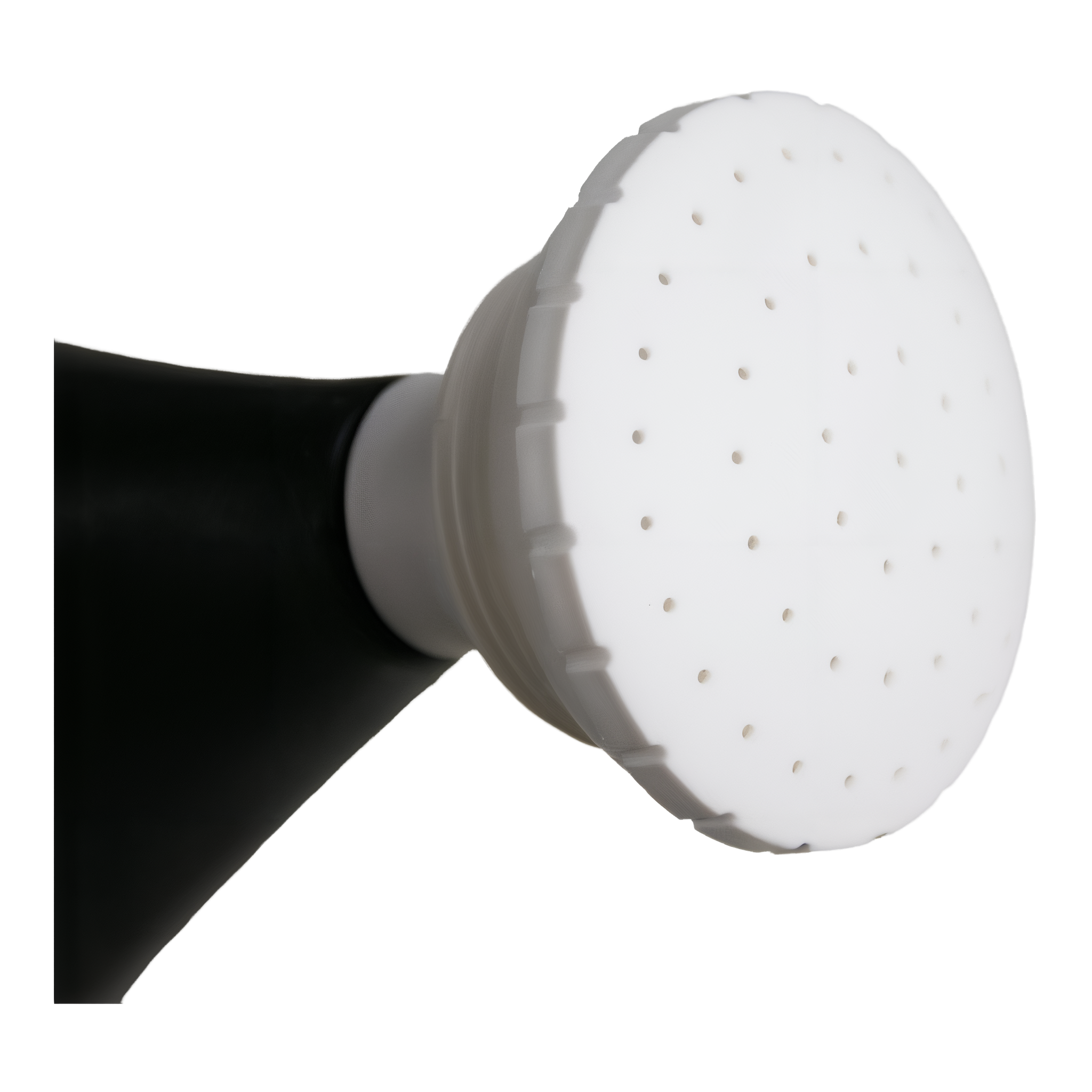 Close-up of the Chapin Tru-Stream shower nozzle head that delivers an even shower stream without drool, with a leak-free three-quarter inch gasket