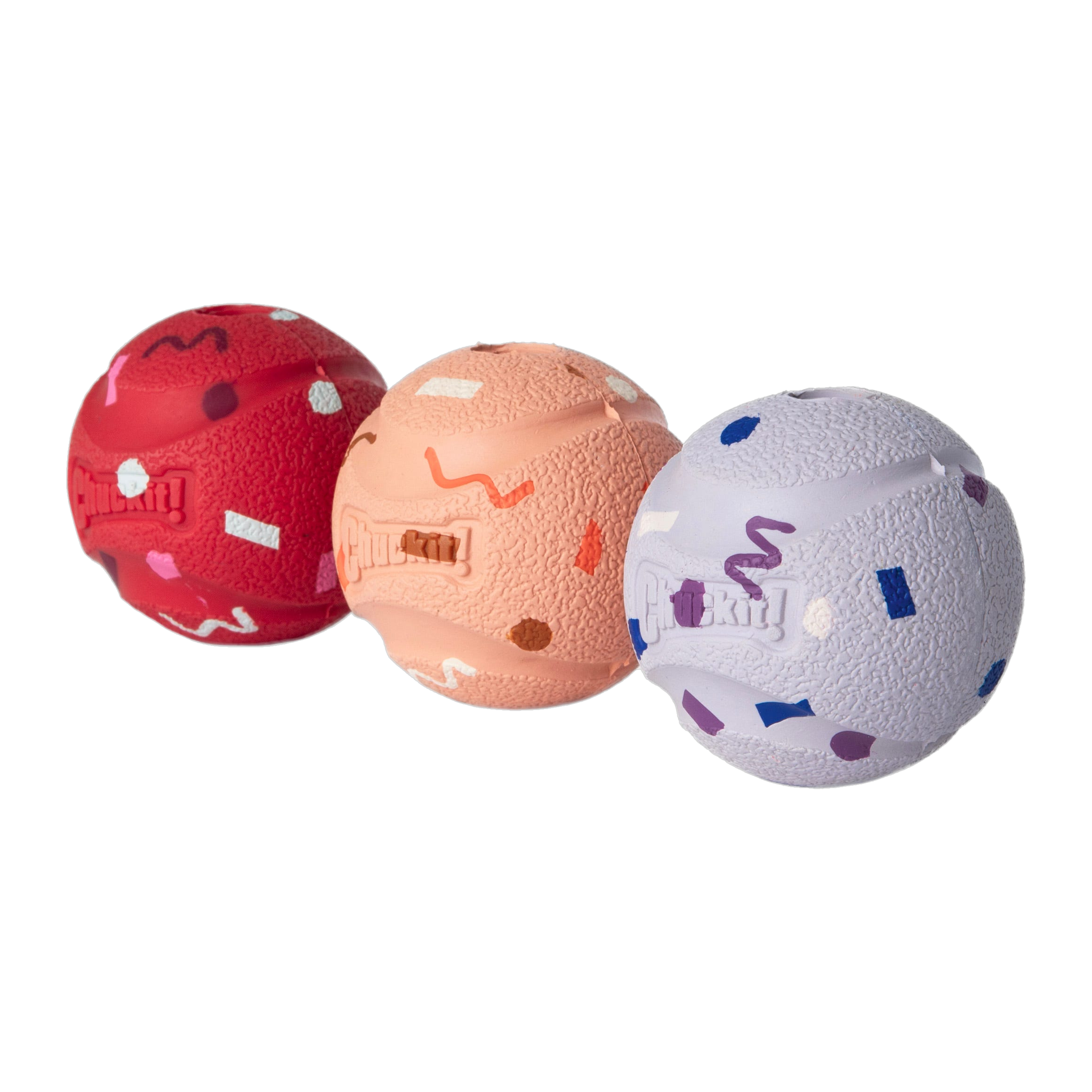 Chuckit! Birthday Fetch Medley medium birthday dog balls angled view showing confetti pattern