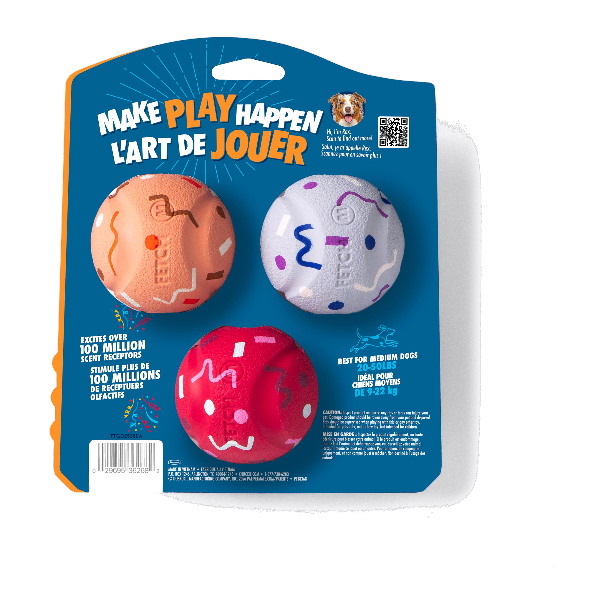 Chuckit! Birthday Fetch Medley Medium packaging back with product details and dog size guide