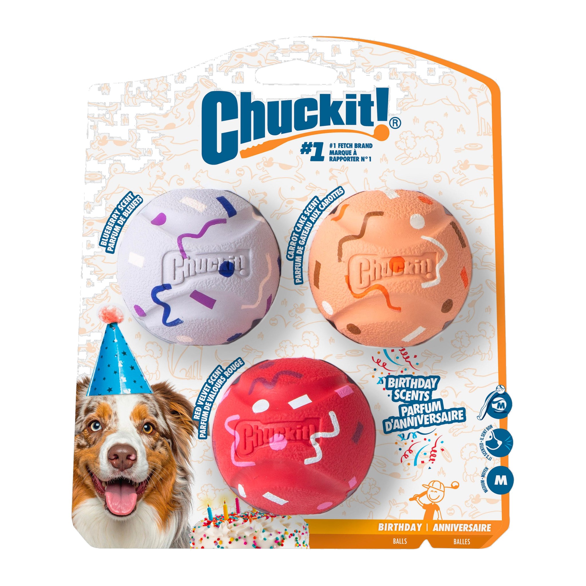 Chuckit! Birthday Fetch Medley Medium 3 Pack retail packaging front view