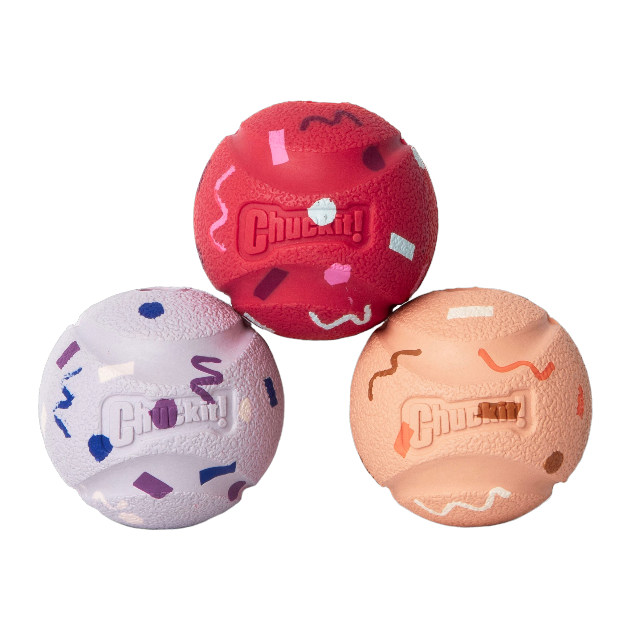 Chuckit! Birthday Fetch Medley three medium confetti rubber fetch balls in peach, lavender and red