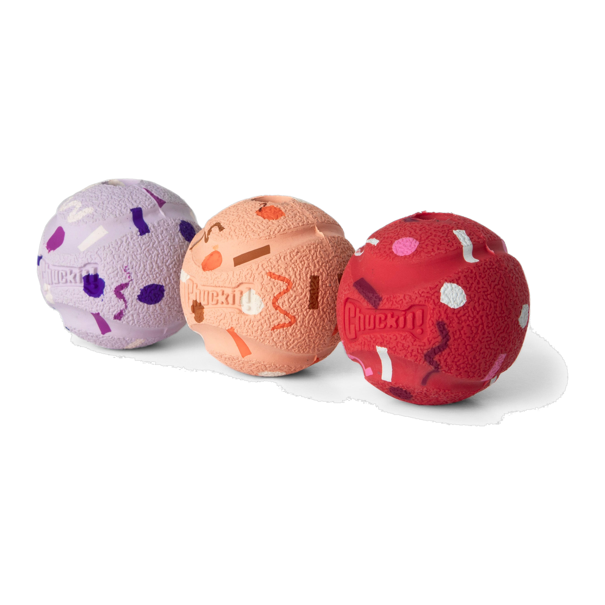 Chuckit! Birthday Fetch Medley small birthday dog balls angled view showing sprinkle pattern