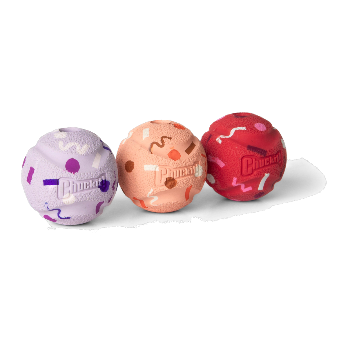 Chuckit! Birthday Fetch Medley small confetti fetch balls shown at an angle with shadow