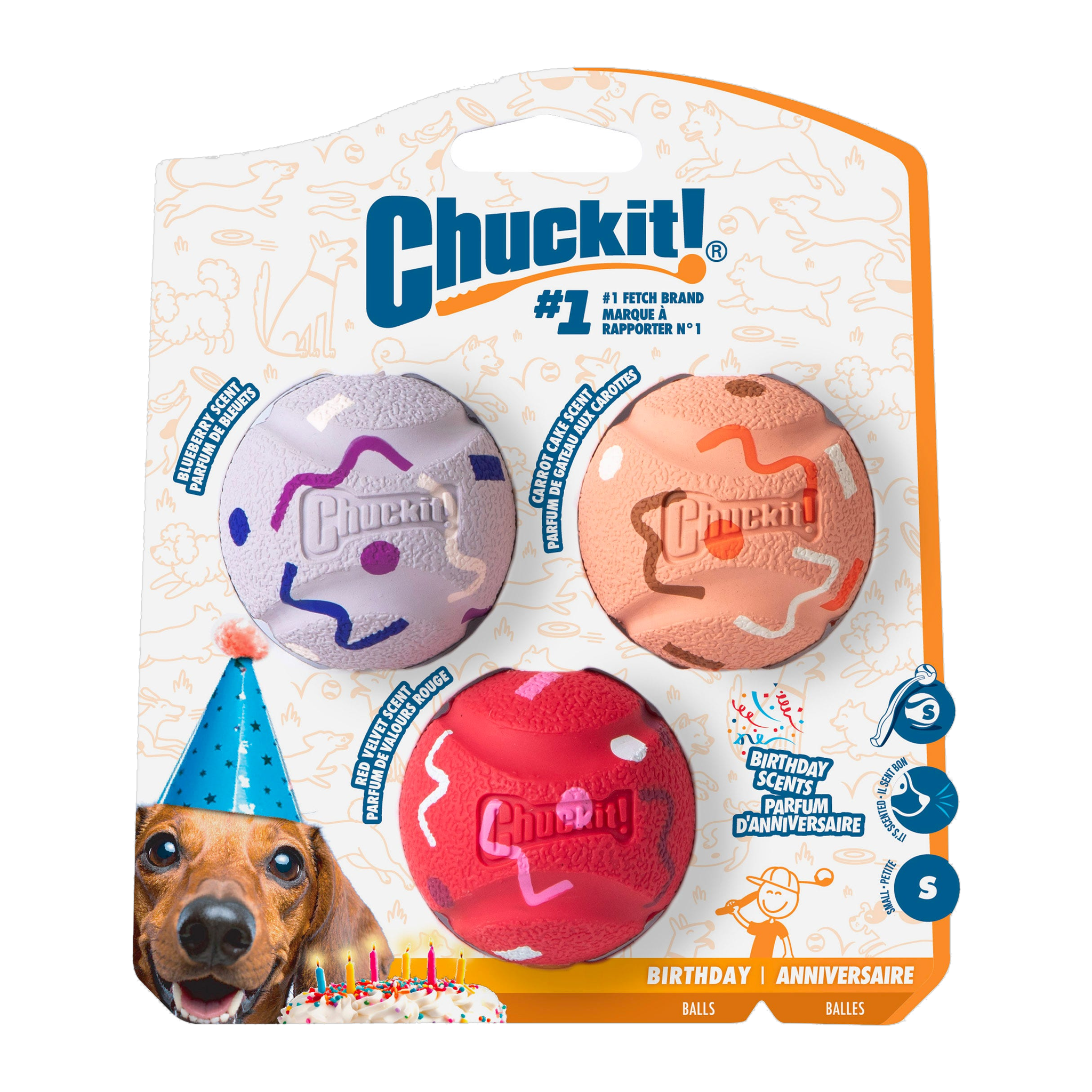 Chuckit! Birthday Fetch Medley Small 3 Pack retail packaging front view
