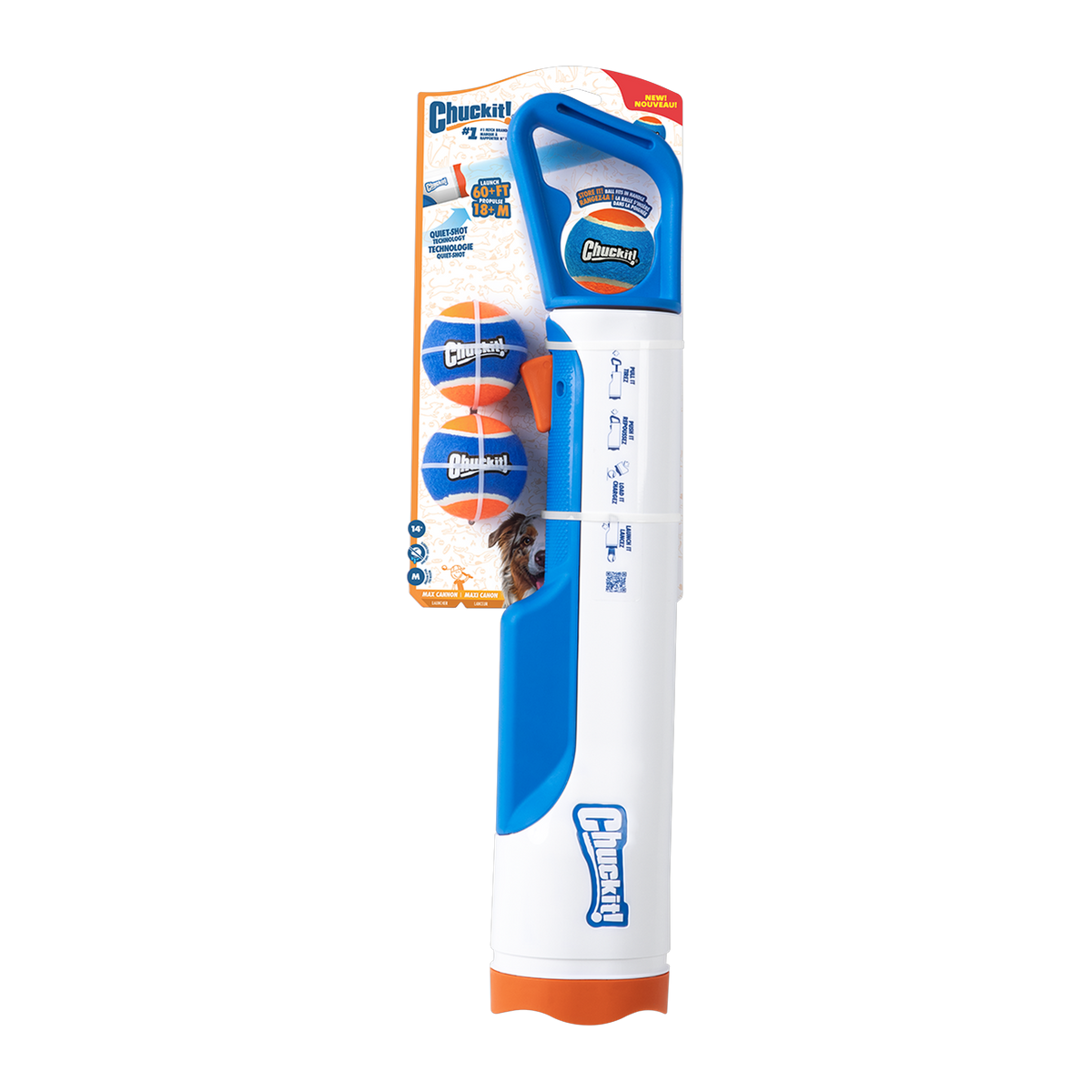 Chuckit! Cannon Max 24M dog ball launcher on retail card with two medium Cannon Balls