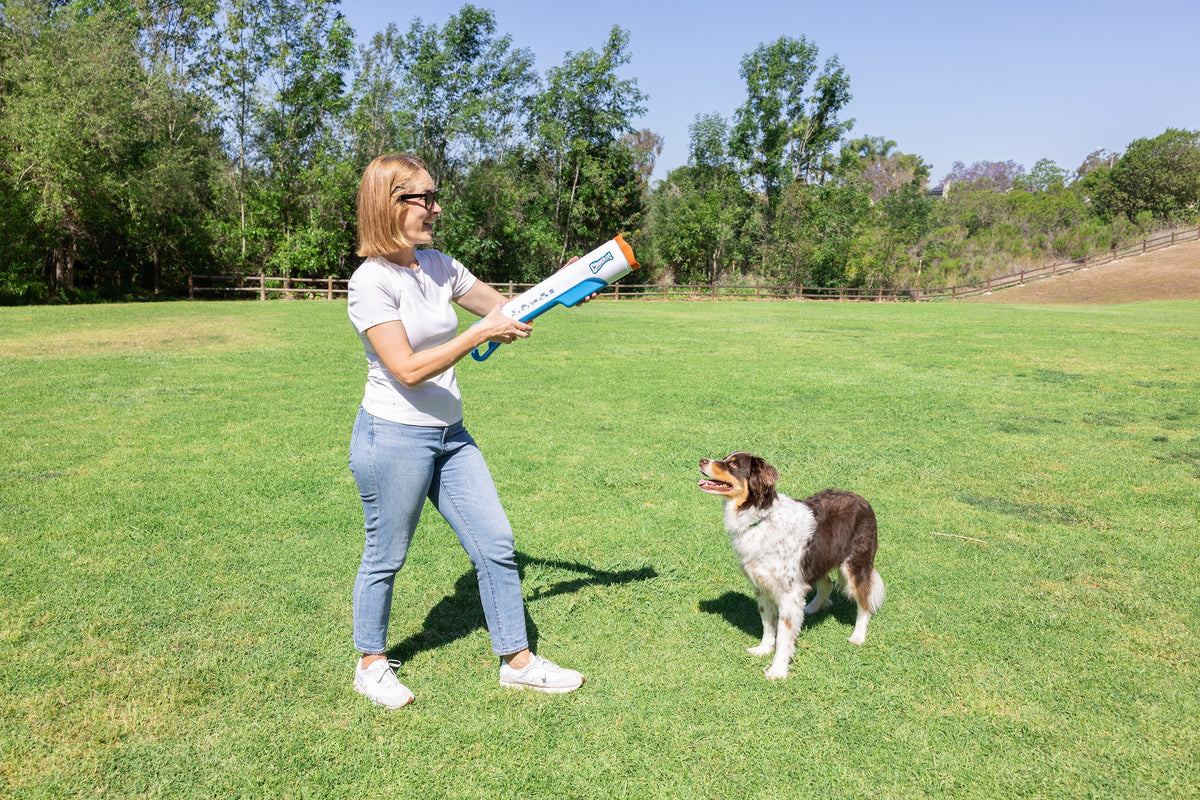 Woman holding the Chuckit! Cannon Max 24M in a grassy field with her brown and white dog