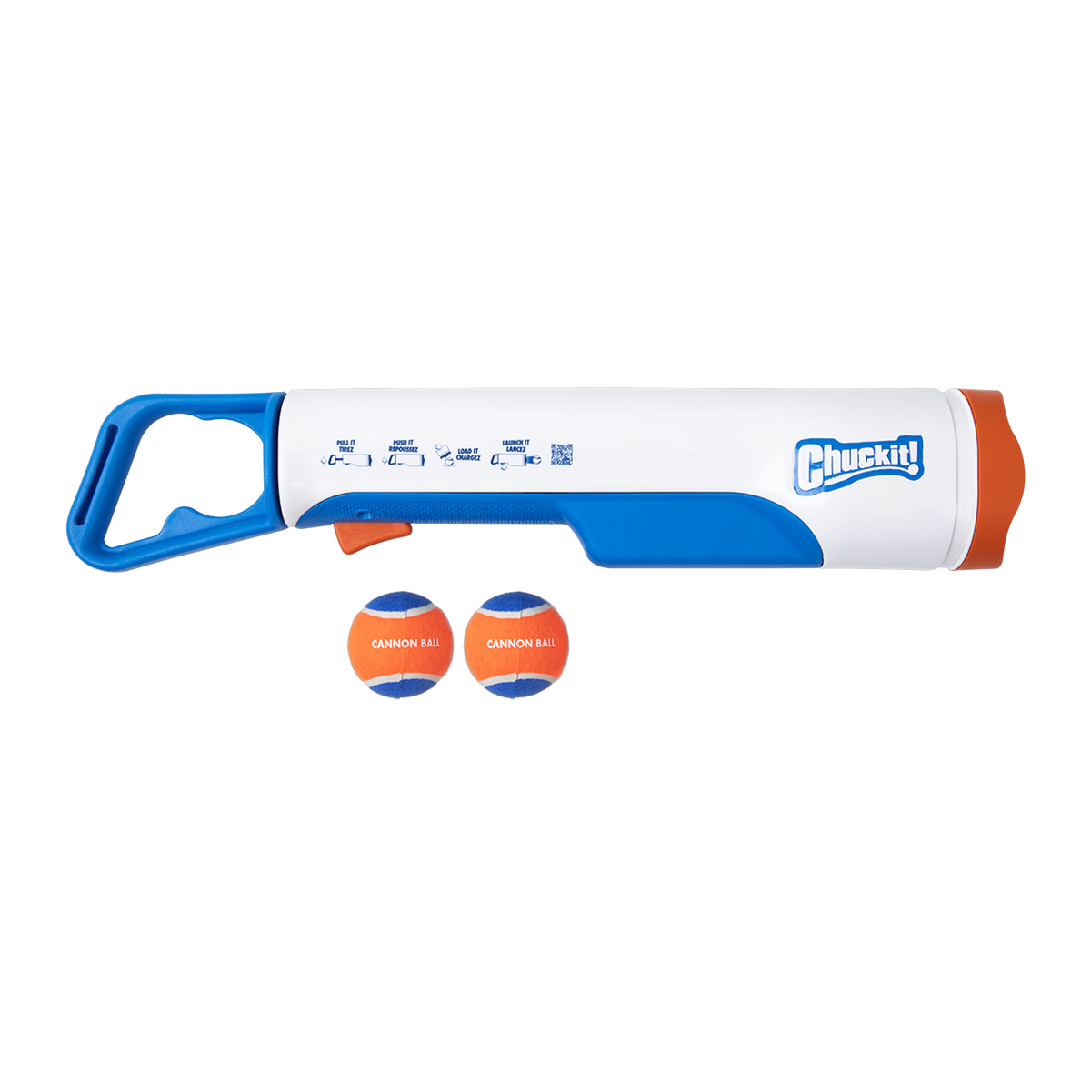 Chuckit! Cannon Max 24M launcher shown side on with two orange and blue Cannon Balls