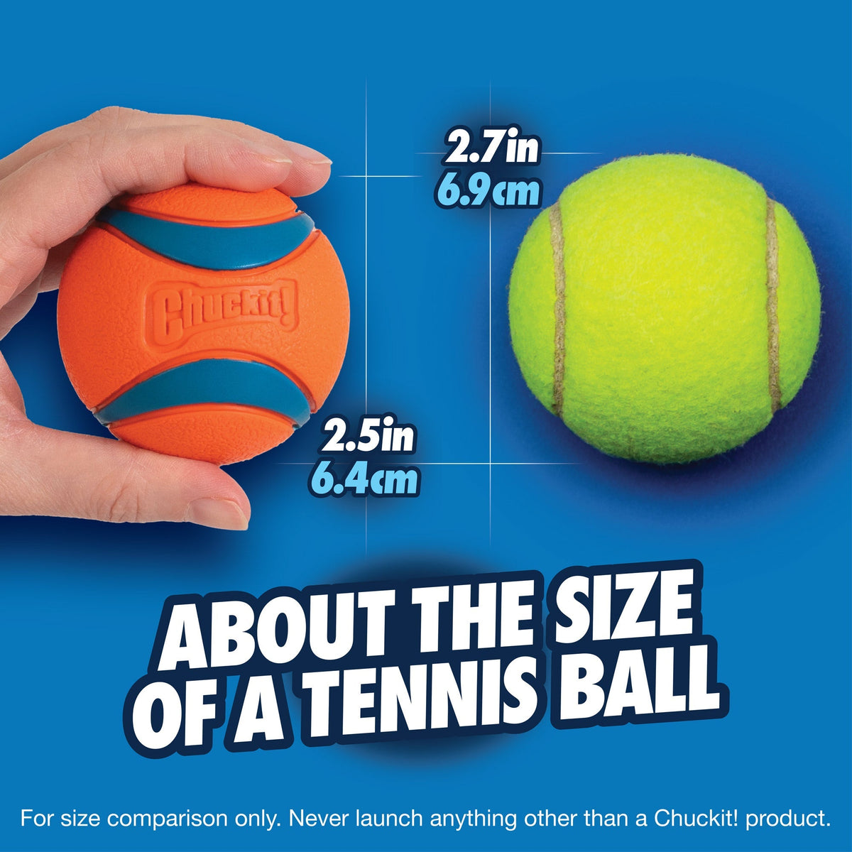 Chuckit! Ultra Ball Medium 2.5 inch ball next to a tennis ball for size