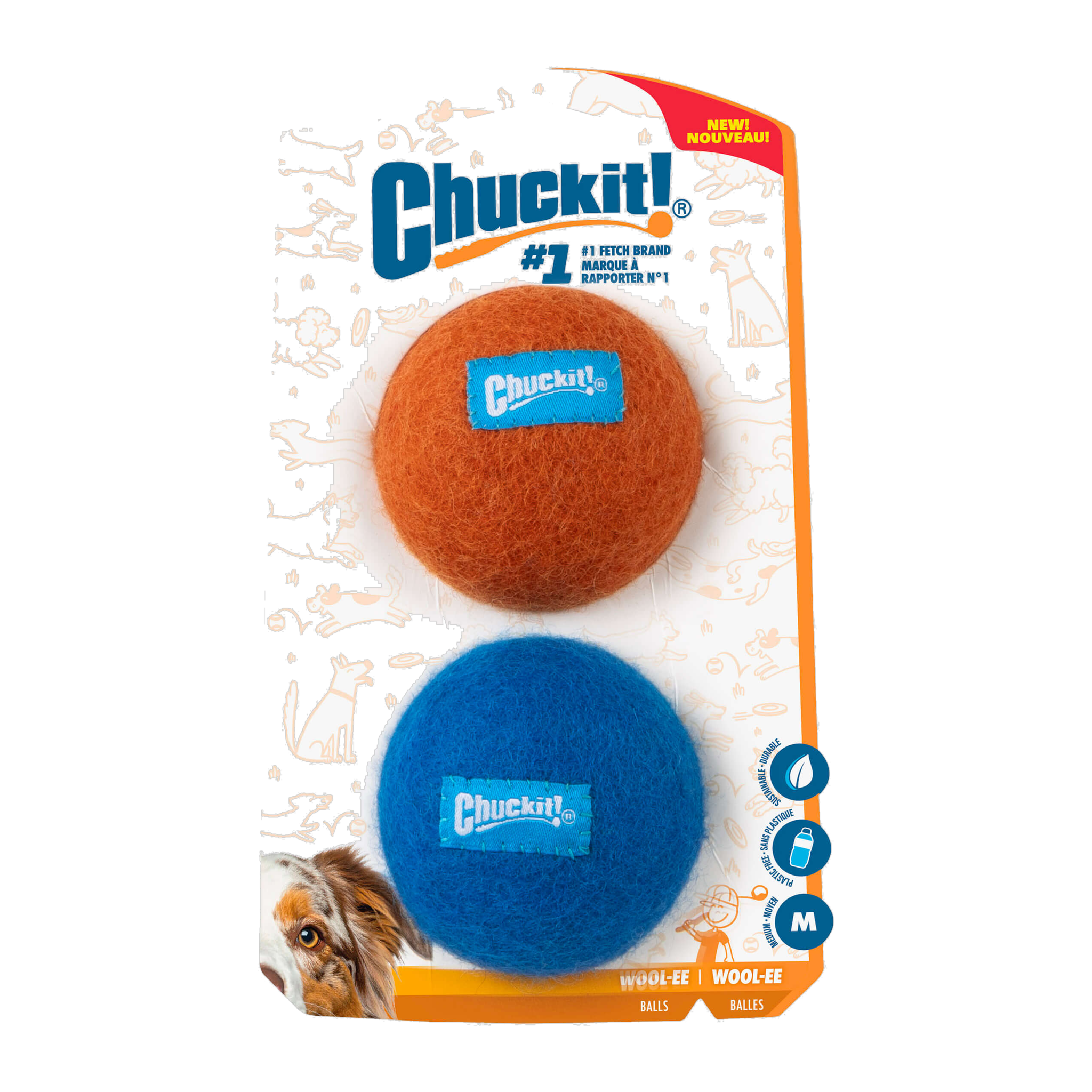 Chuckit Wool-ee Ball medium 2 pack in retail packaging