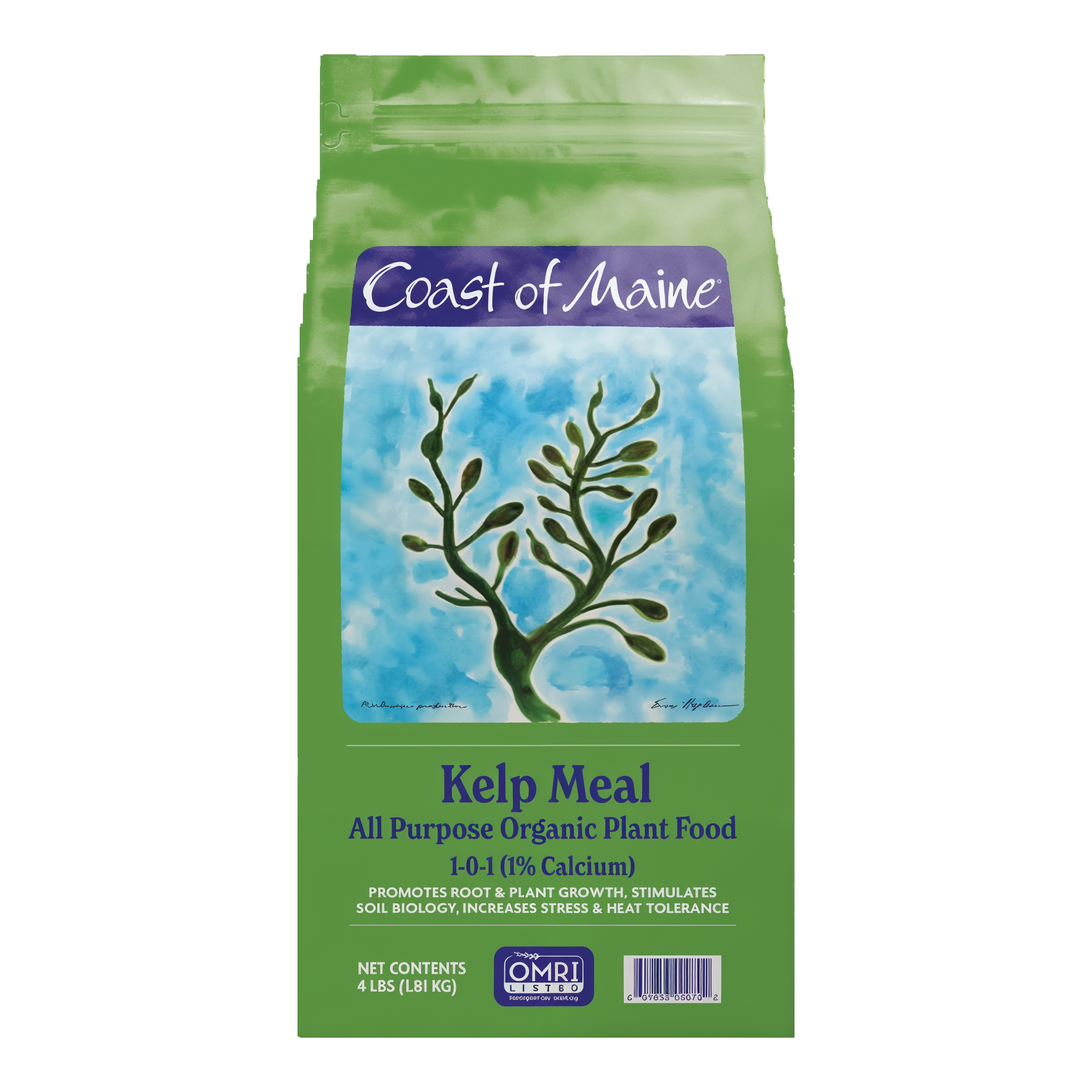 Coast of Maine Kelp Meal All Purpose Organic Plant Food 1-0-1 4 lb green bag with blue seaweed artwork, OMRI Listed Norwegian kelp soil amendment