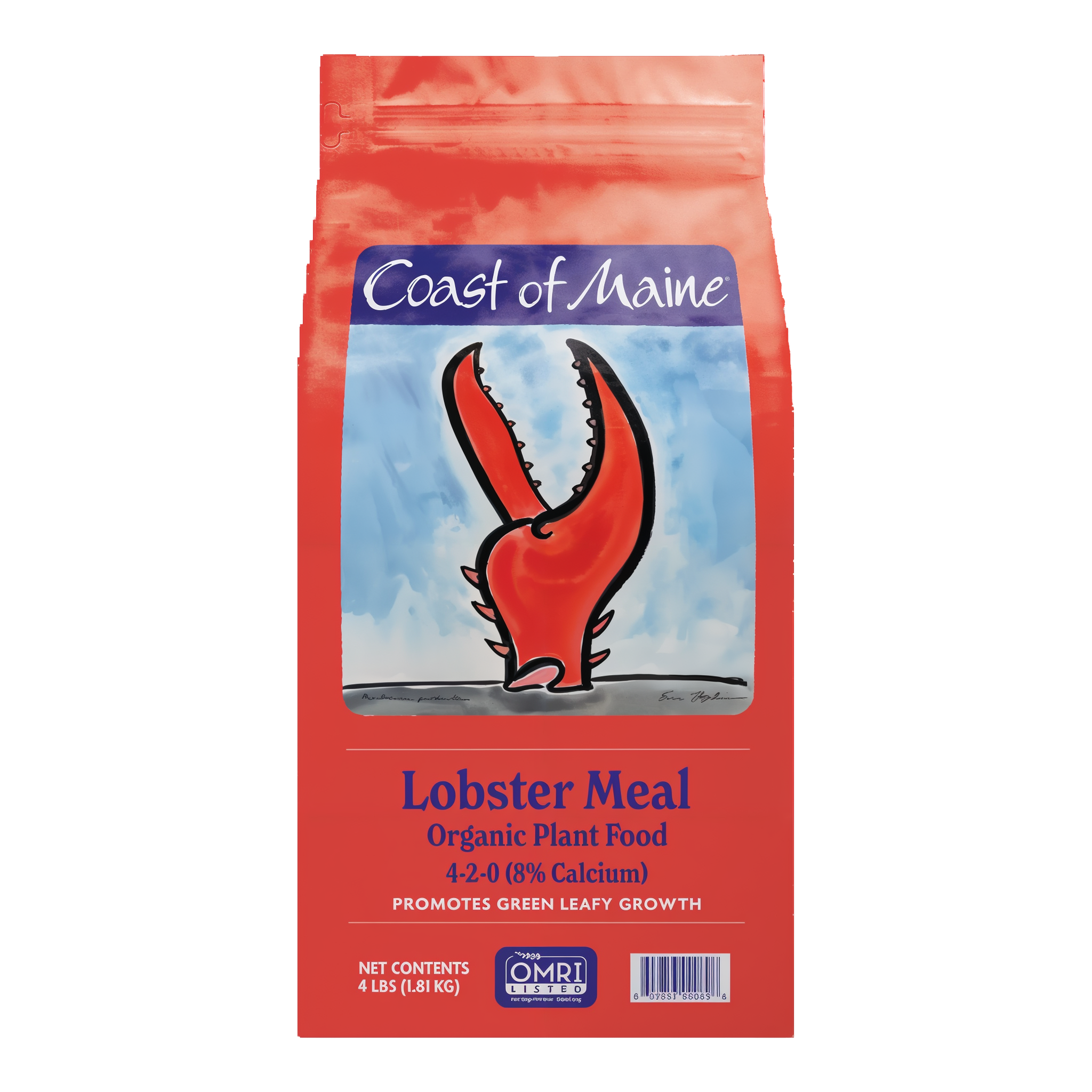 Coast of Maine Lobster Meal Organic Plant Food 4-2-0 4 lb red bag with blue lobster claw artwork, OMRI Listed organic nitrogen and calcium for green leafy growth