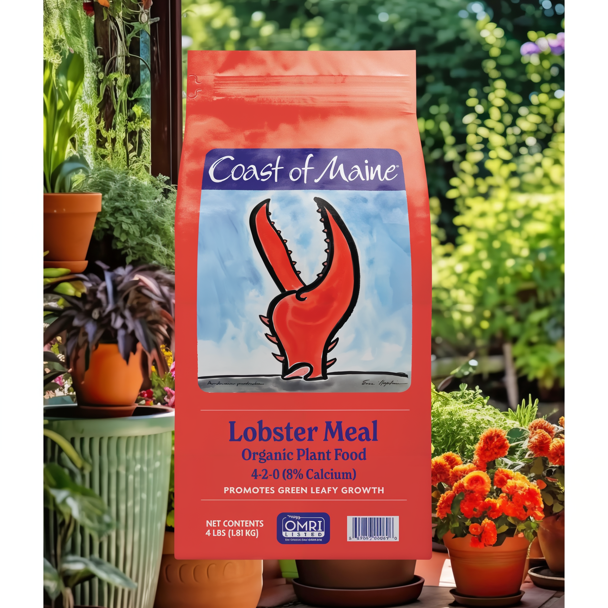 Coast of Maine Lobster Meal 4 lb bag shown in a garden setting surrounded by potted vegetables and flowers