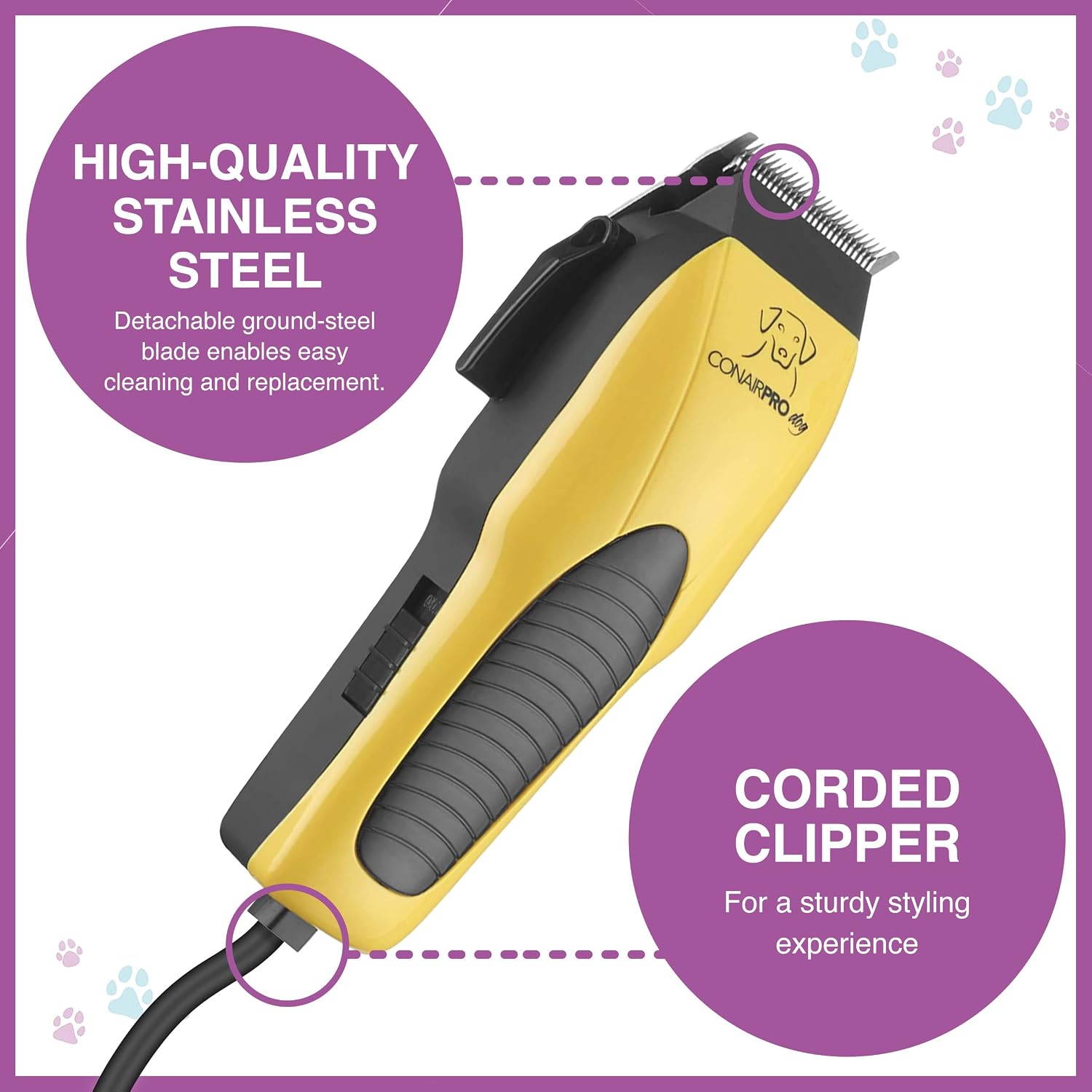 Panel highlighting the high-quality detachable stainless steel blade and corded clipper option