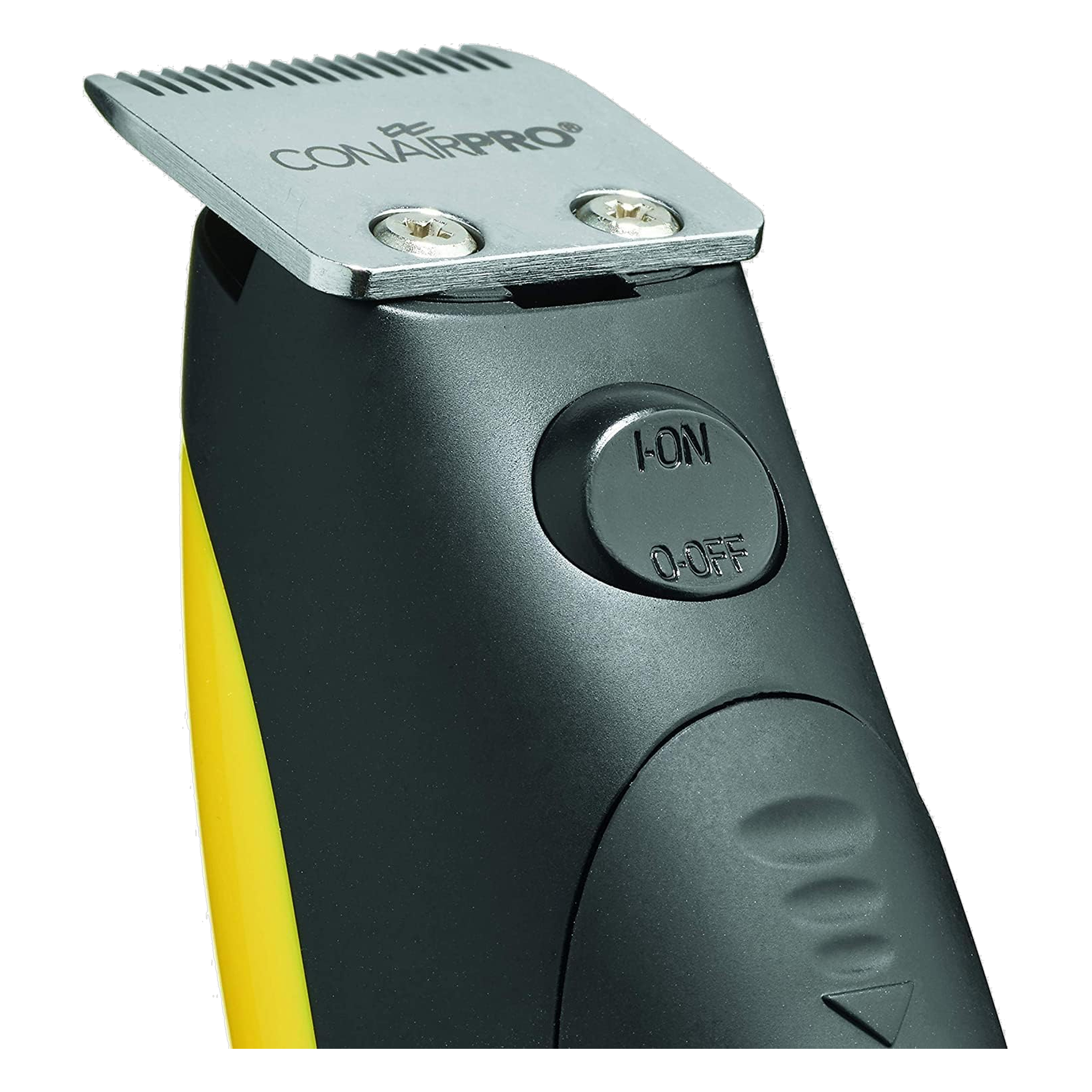 Angled close-up of the ConairPro Palm Pro trimmer blade and on-off switch
