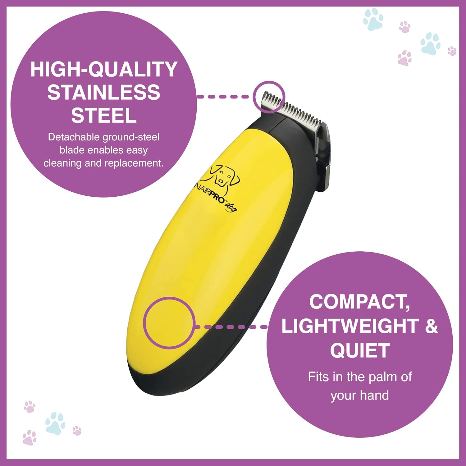 Panel highlighting the high-quality stainless steel blade and compact lightweight quiet design of the Palm Pro trimmer
