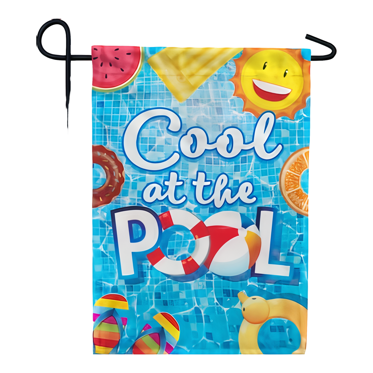 Custom Decor Cool at the Pool Garden Flag -- garden flag shown on a garden flag stand