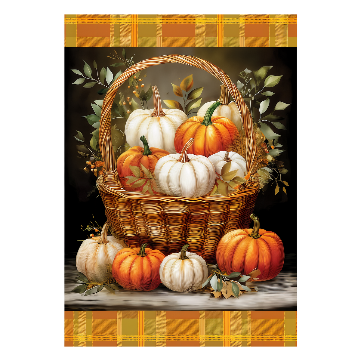 Custom Decor Pumpkin Basket Garden Flag -- wicker basket of pumpkins artwork