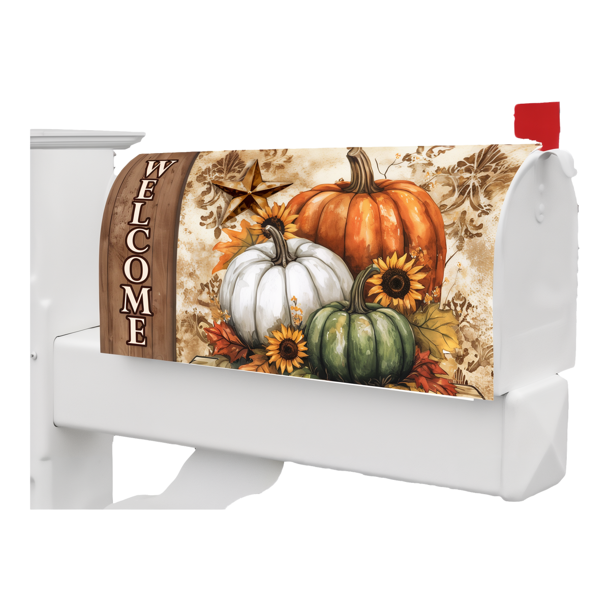 Custom Decor Rustic Pumpkins Mailbox Makeover Cover -- magnetic cover shown on a standard mailbox
