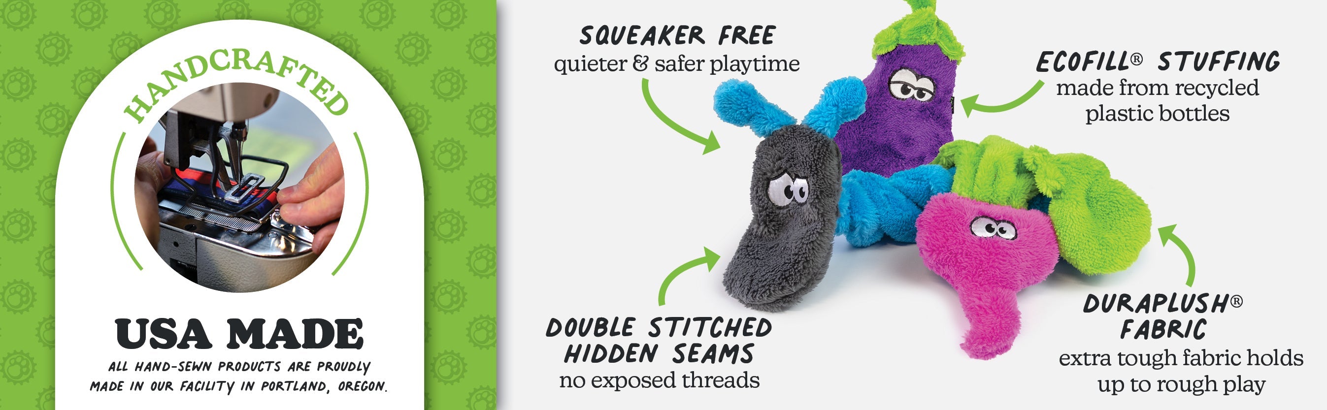Duraplush toy features squeaker free EcoFill stuffing double stitched hidden seams