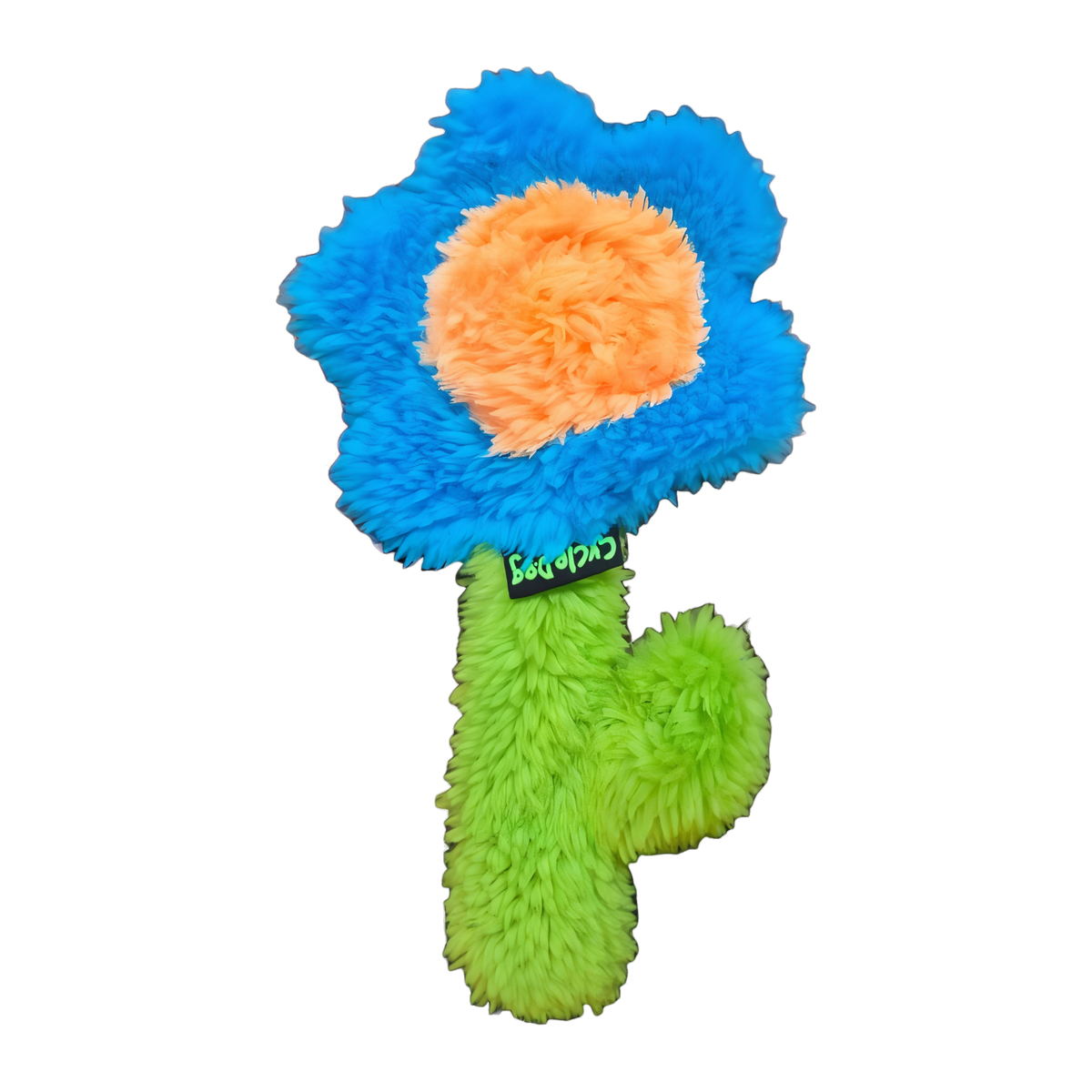 Cycle Dog Duraplush Flower cat toy with blue petals orange center and green stem