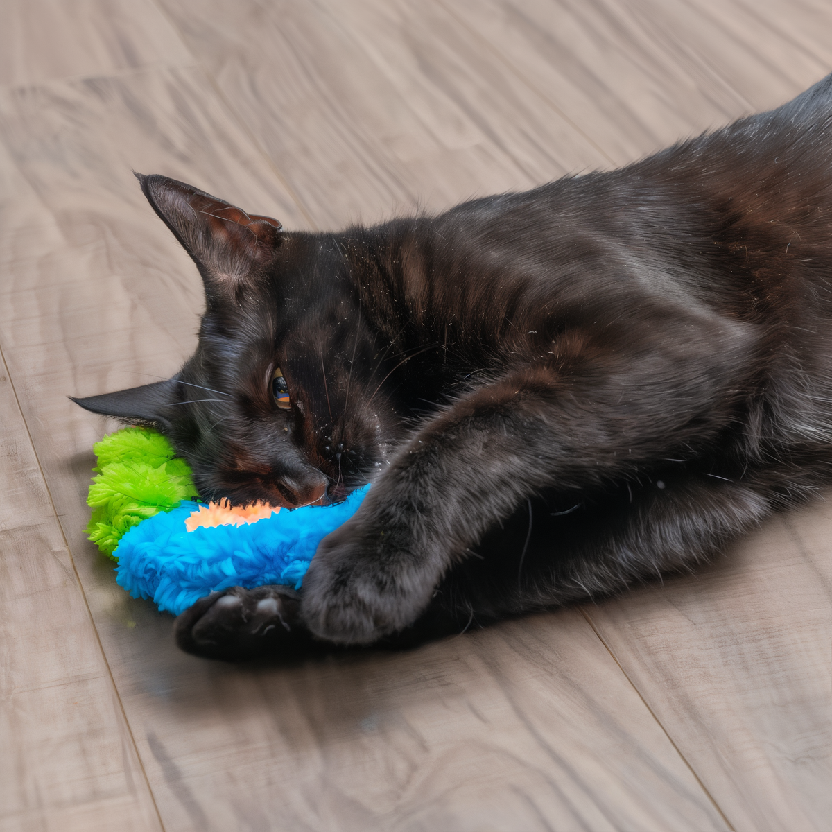 Black cat playing with Cycle Dog Duraplush Flower catnip toy on wood floor