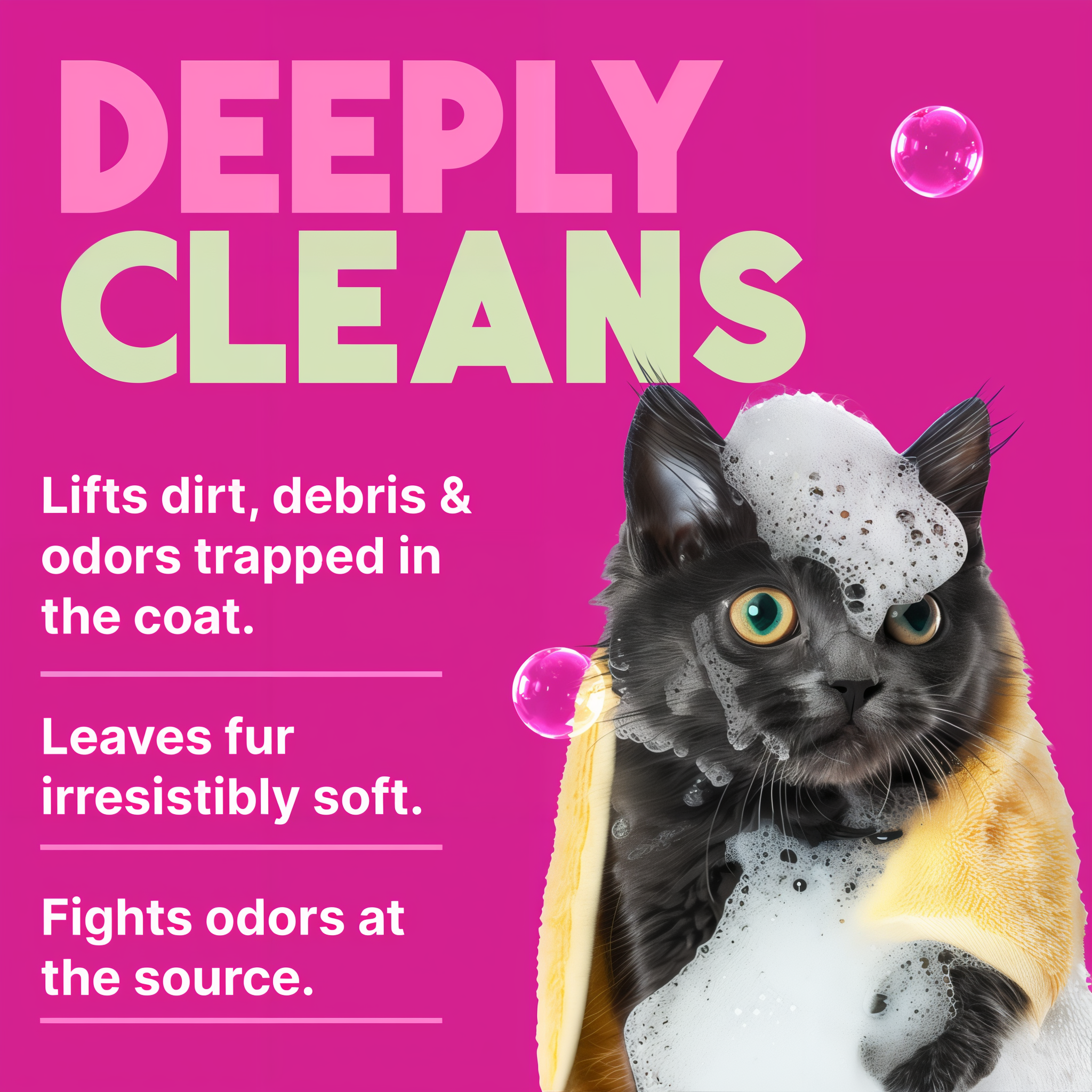 TropiClean Berry & Coconut Deep Cleansing Shampoo for Cats & Kittens. Cat with a bath towel and bubbles with text about pet cleaning products