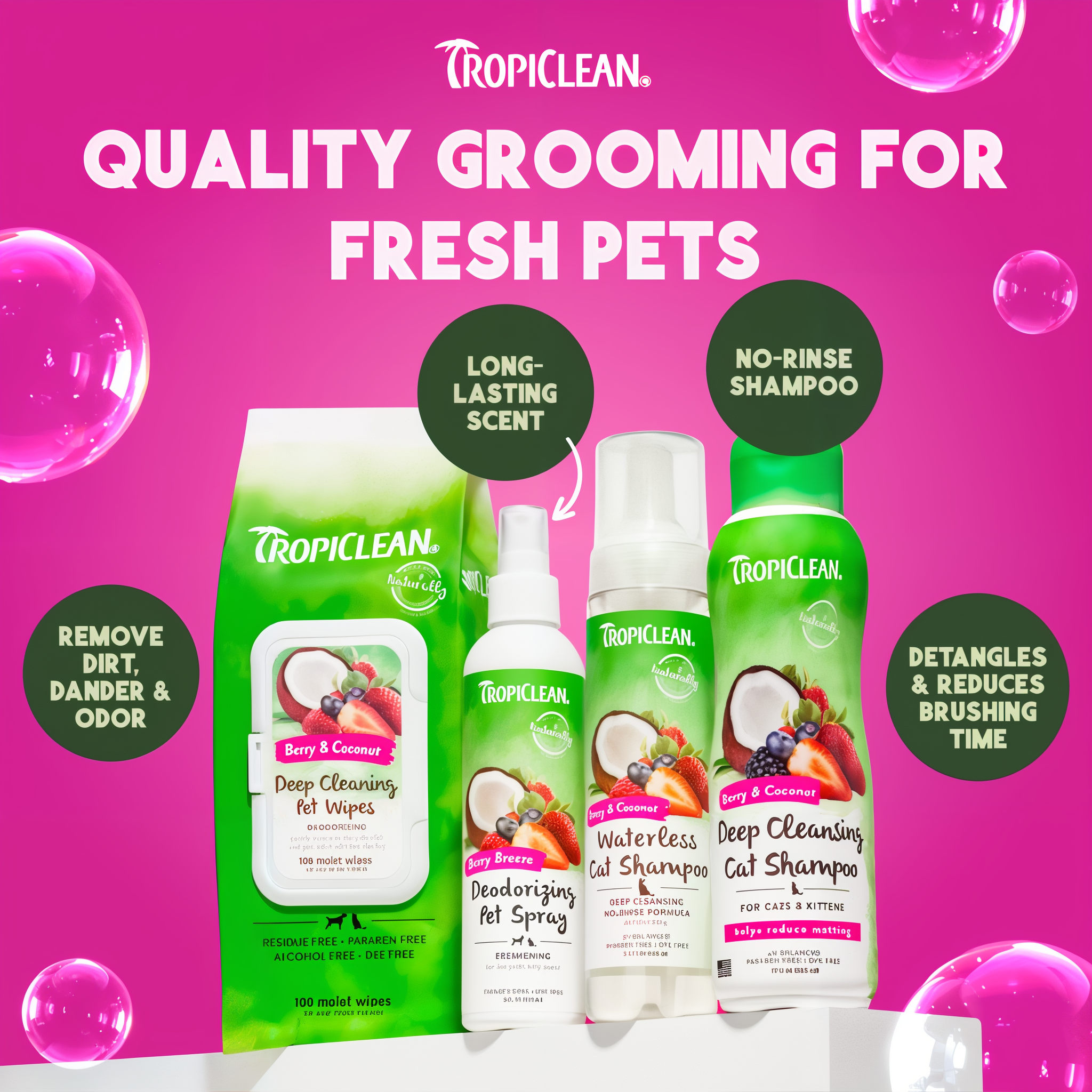 Tropiclean pet care products on a pink background with text highlighting features.