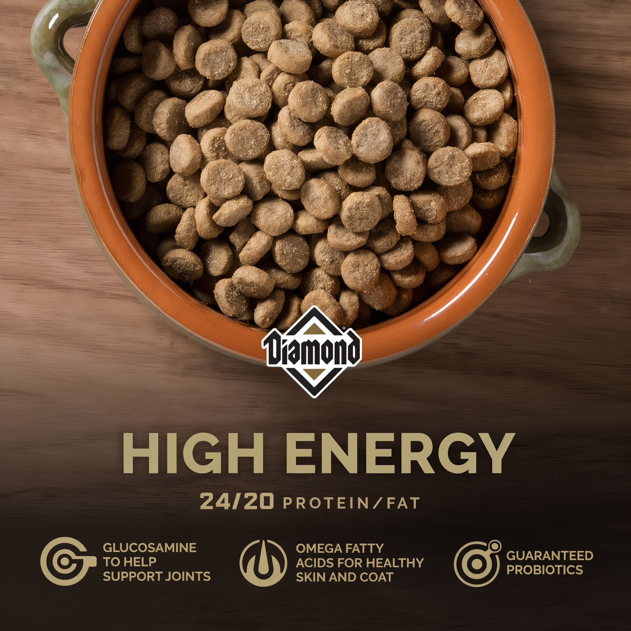 A ceramic bowl of Diamond High Energy kibble — 24/20 protein and fat with glucosamine and probiotics