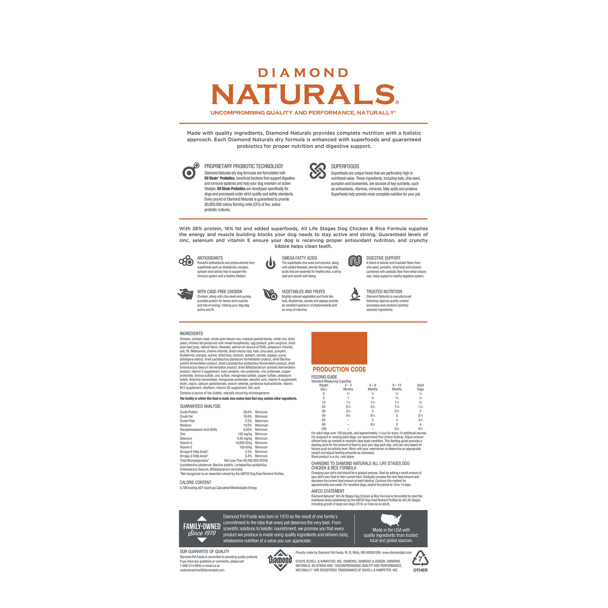 Back of the All Life Stages Chicken & Rice bag with ingredients, guaranteed analysis, and feeding guide