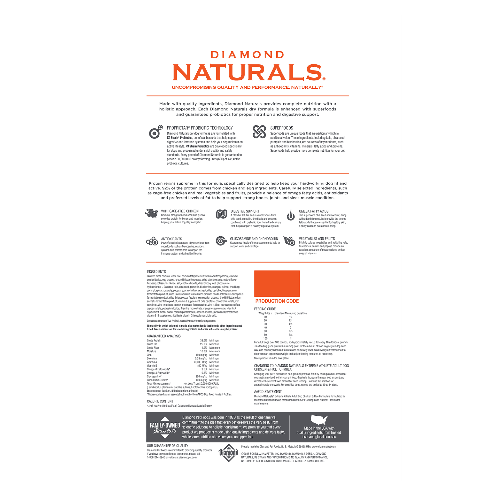 Back of the Extreme Athlete bag with ingredients, guaranteed analysis, and feeding guide