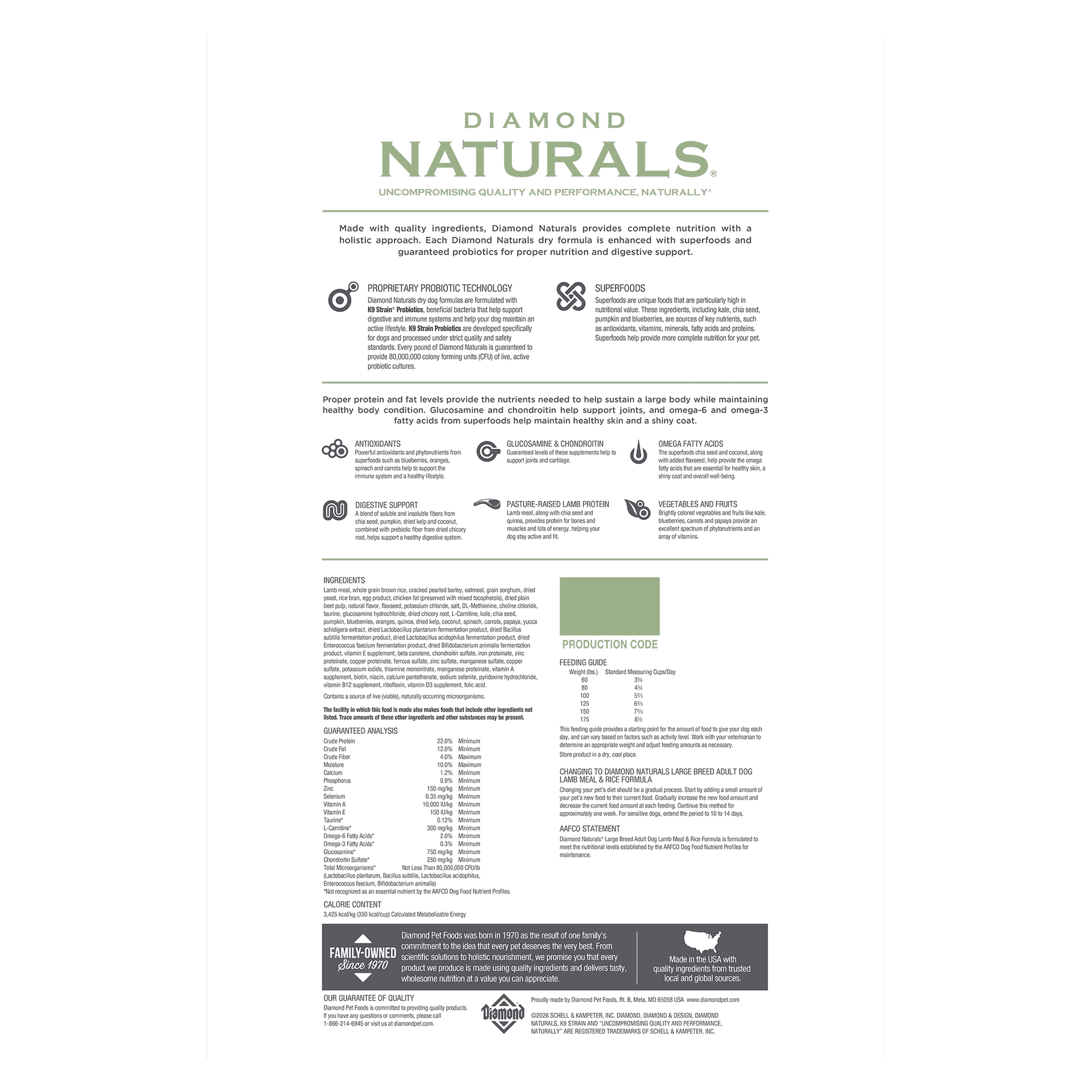 Back of the Diamond Naturals Large Breed Lamb Meal & Rice bag with ingredients, guaranteed analysis, and feeding guide