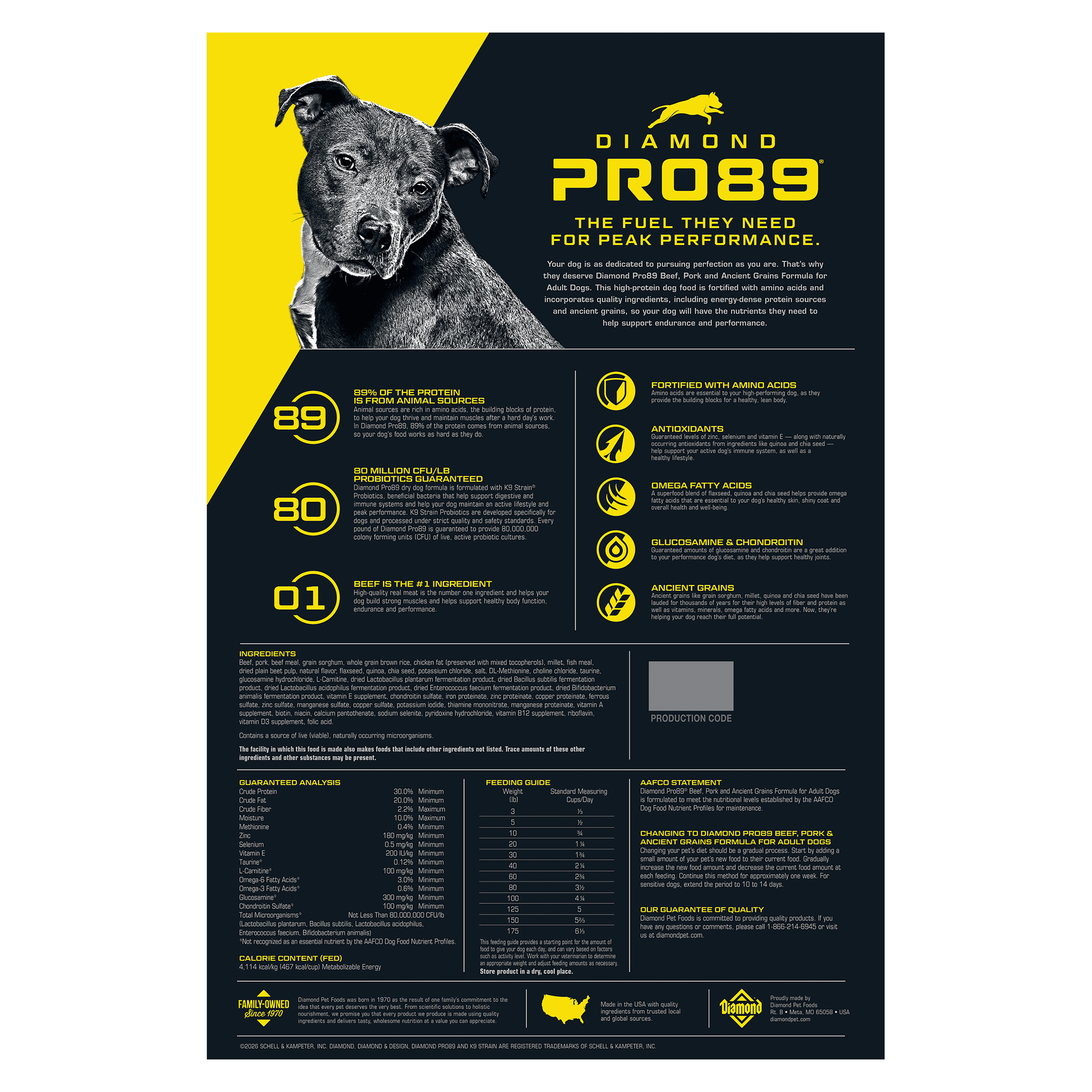Back of the Diamond Pro89 bag with ingredients, guaranteed analysis, and feeding guide