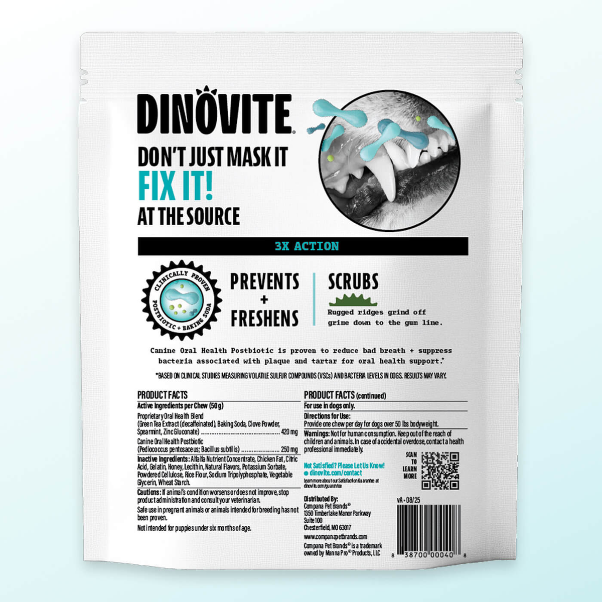 Dinovite Dental Chews large dog bag back panel with product facts and directions