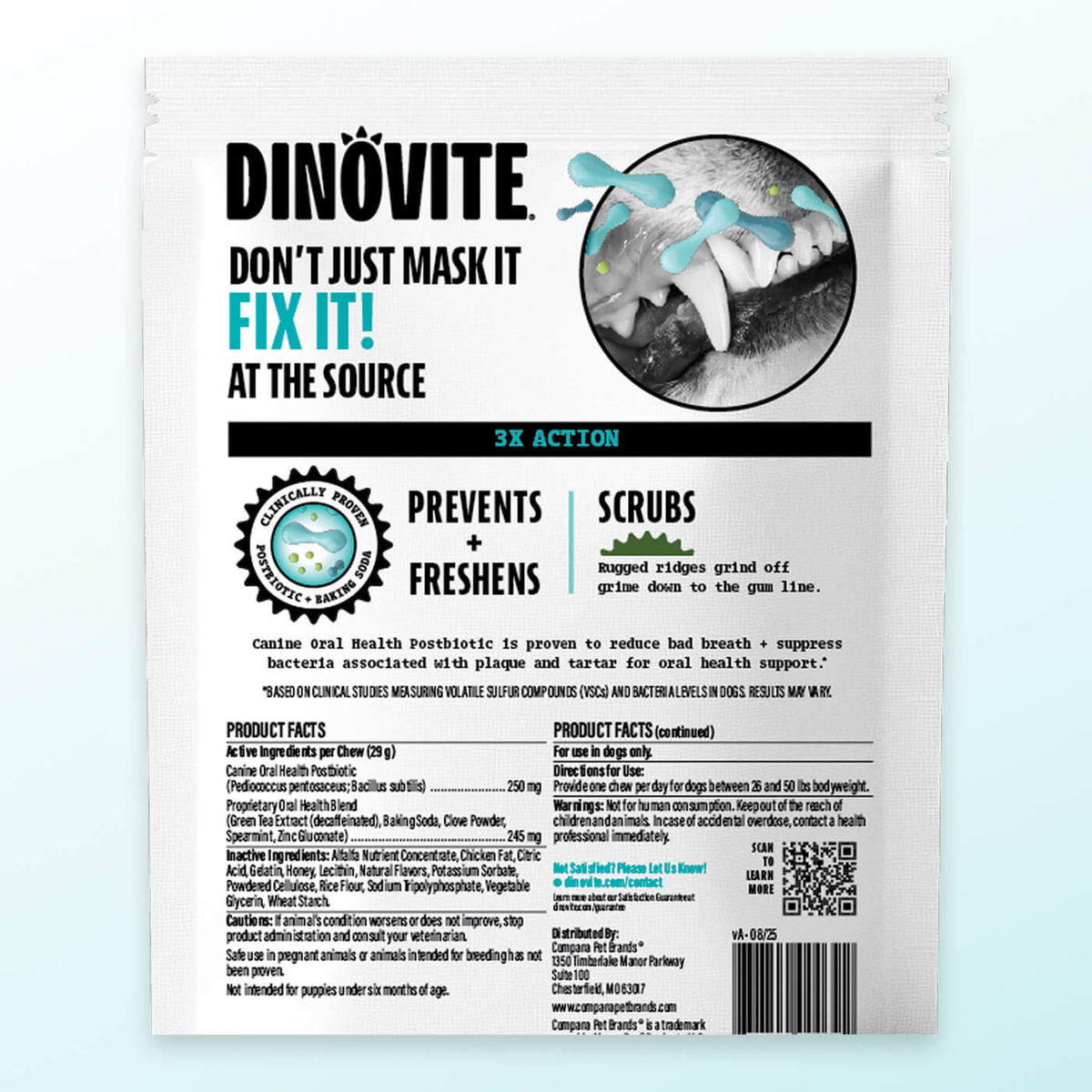 Dinovite Dental Chews medium dog bag back panel with product facts and directions