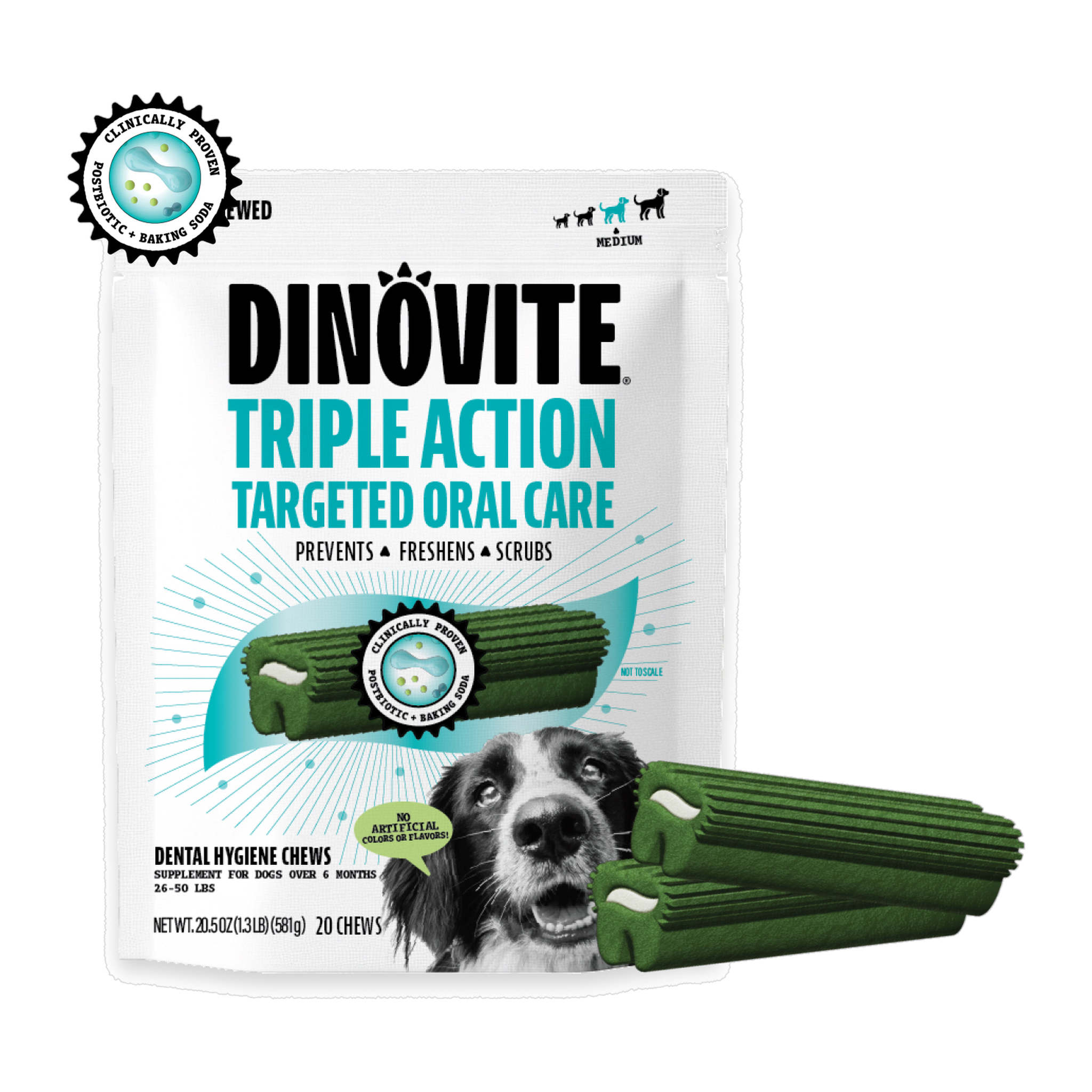 Dinovite Triple Action Dental Chews bag for medium dogs 26 to 50 pounds with chews