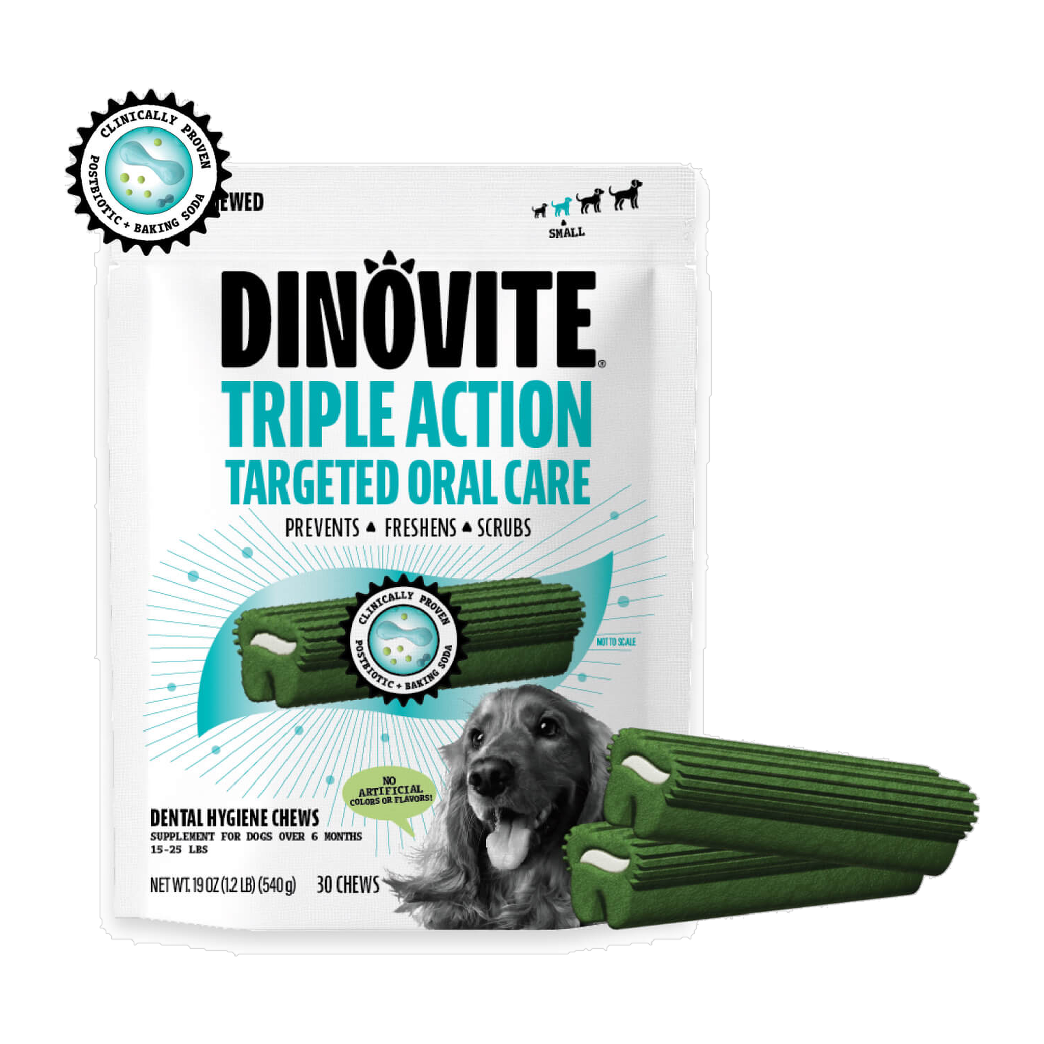 Dinovite Triple Action Dental Chews bag for small dogs 16 to 25 pounds with chews #Small (16-25 lbs)