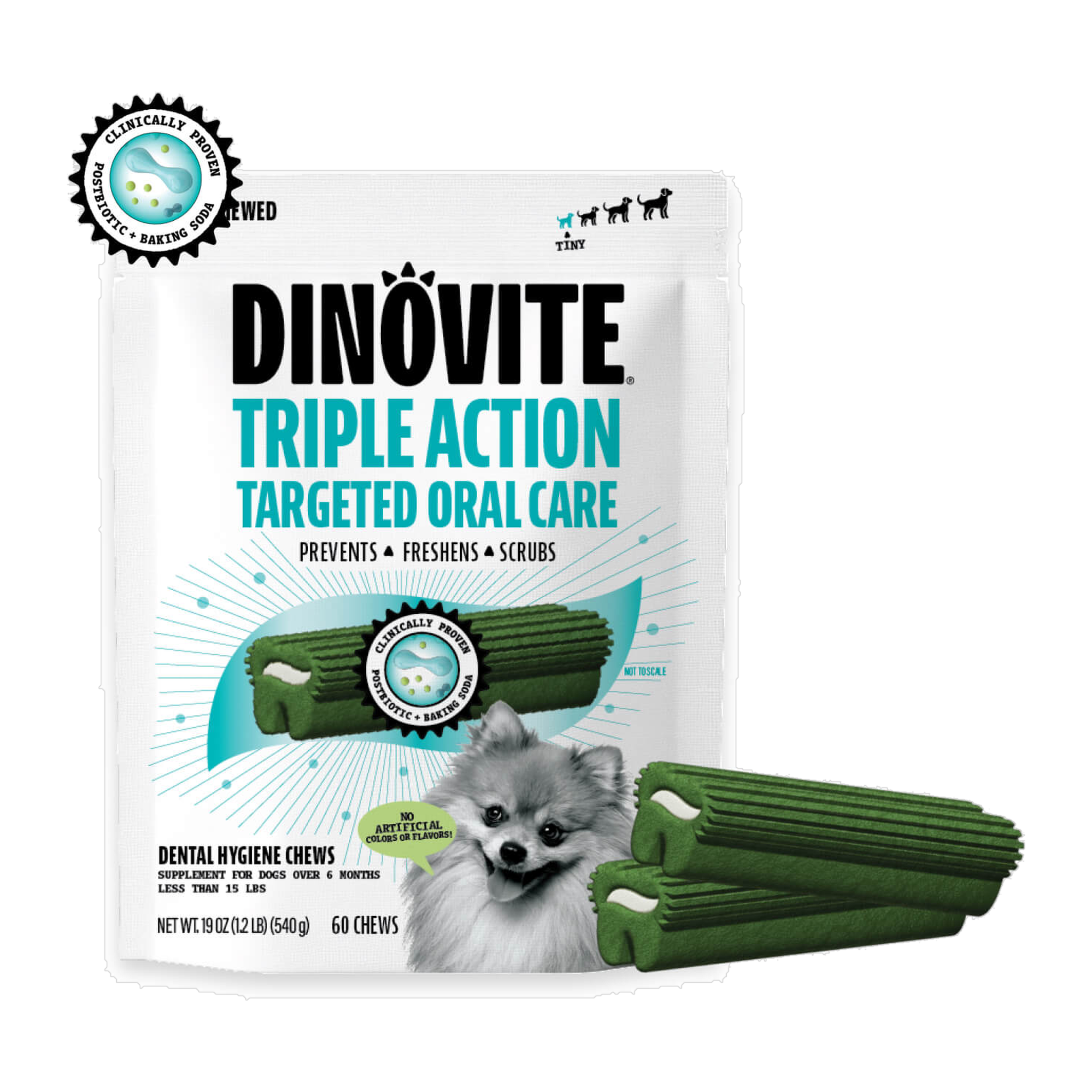 Dinovite Triple Action Dental Chews bag for tiny dogs under 15 pounds with chews #Tiny (Under 15 lbs)