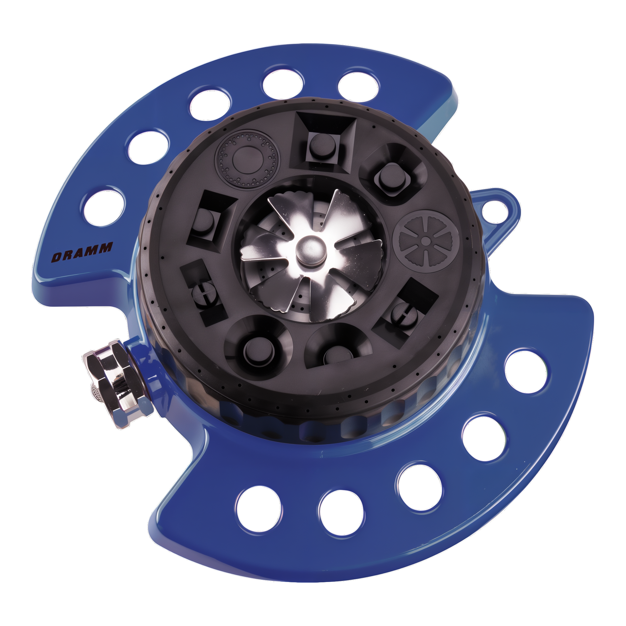Dramm ColorStorm 9-Pattern Turret Sprinkler in Blue with heavy-duty metal base and 9 selectable spray patterns #Blue