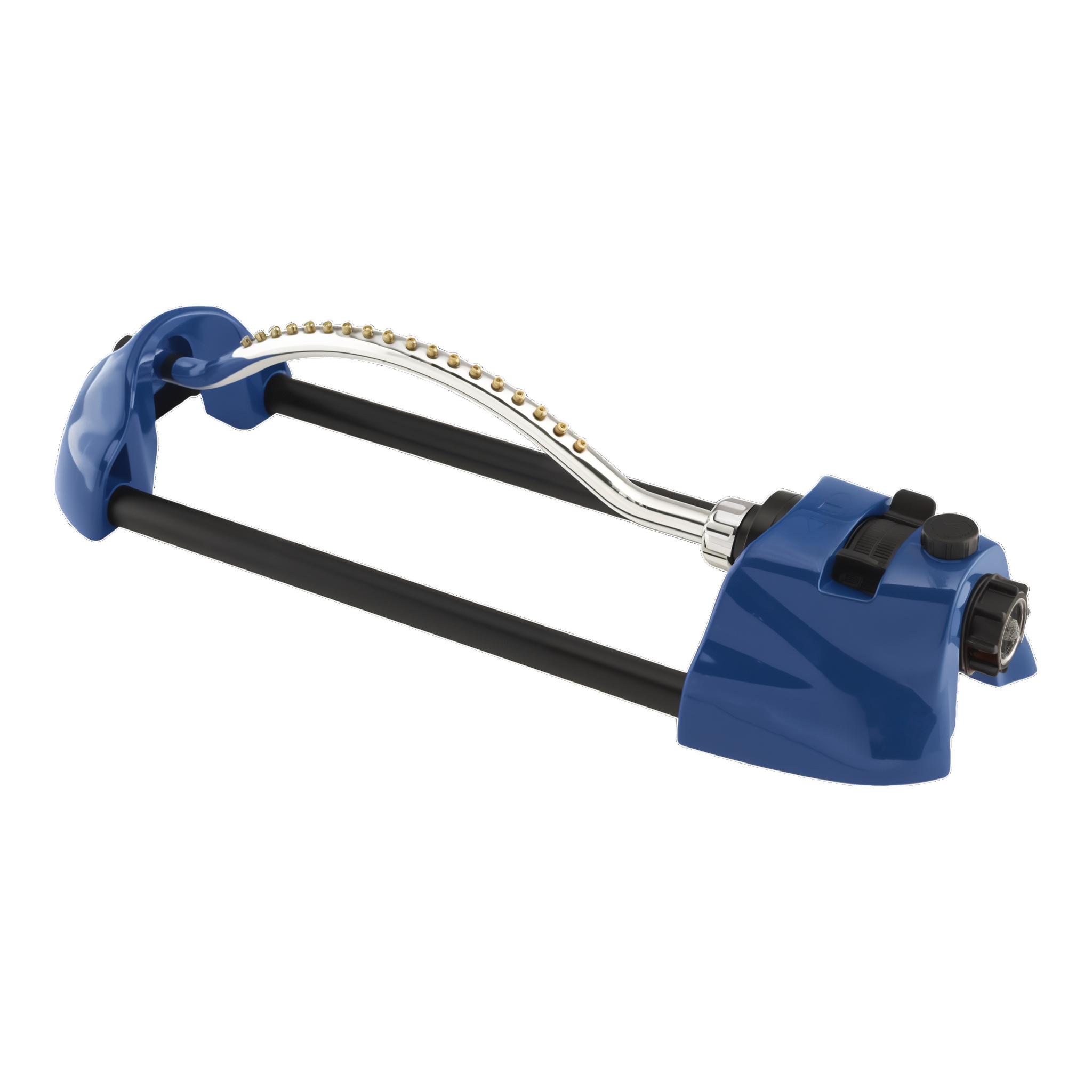 Dramm ColorStorm Heavy-Duty Metal Oscillating Sprinkler in blue with 18 brass nozzle jets and adjustable spray dial