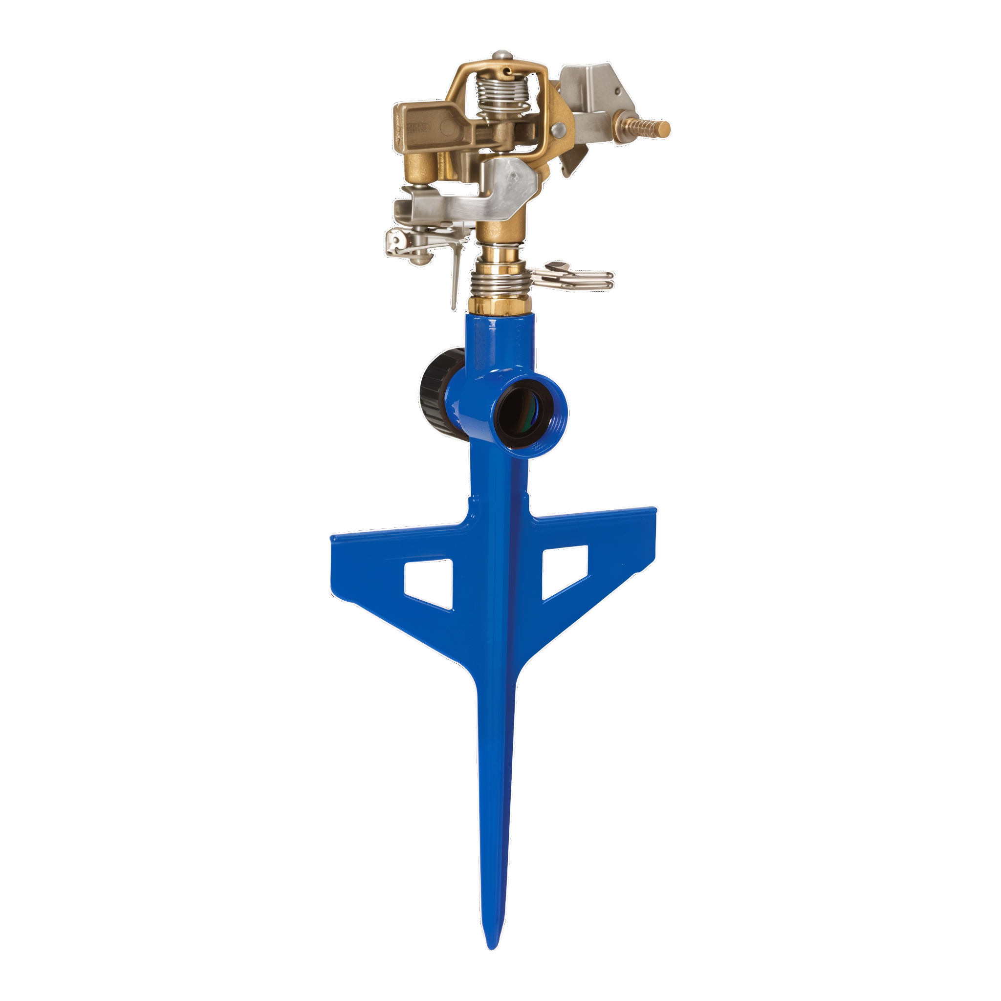 Dramm ColorStorm Stake Impulse Sprinkler in Blue with all-brass impulse head on 6 in step-in metal stake