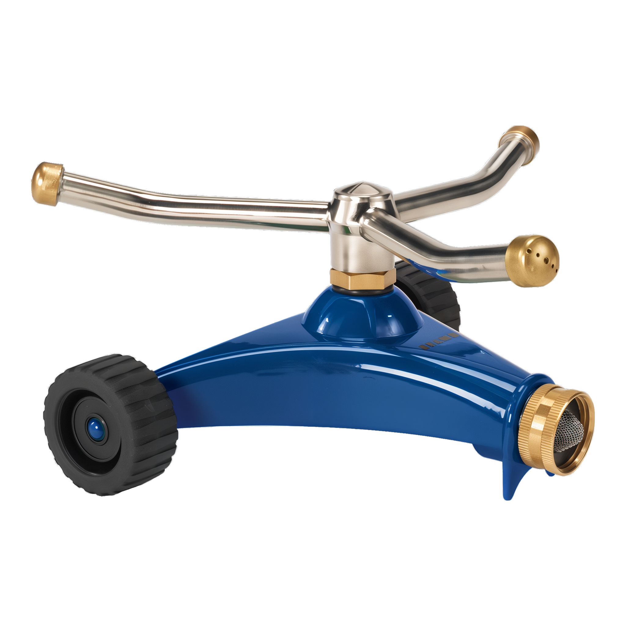 Dramm ColorStorm Whirling Sprinkler in Blue with 3-arm rotating head on heavy-duty metal wheeled base #Blue
