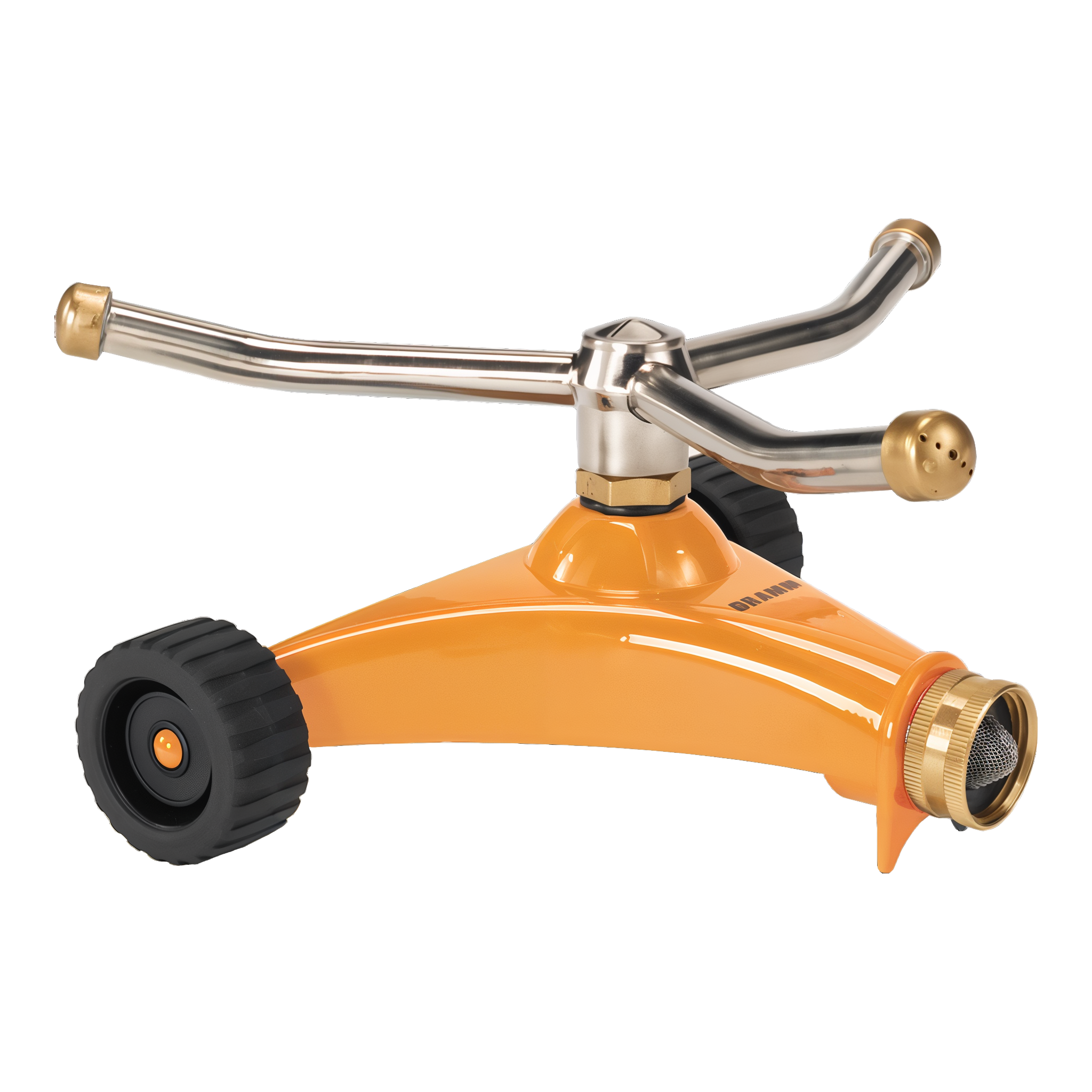 Dramm ColorStorm Whirling Sprinkler in Orange with 3-arm rotating head on heavy-duty metal wheeled base #Orange