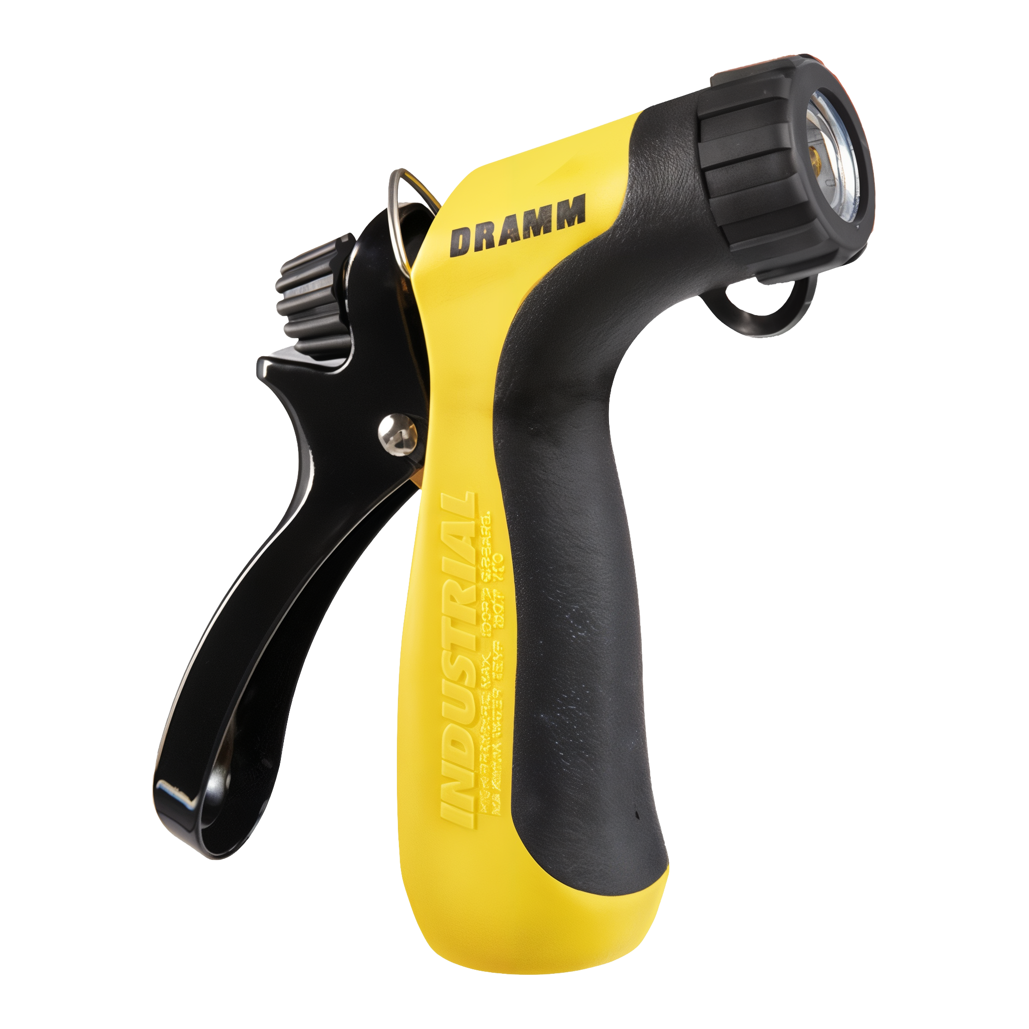 Dramm Hot Water Pistol Nozzle detail view of metal body and rubber overmold grip