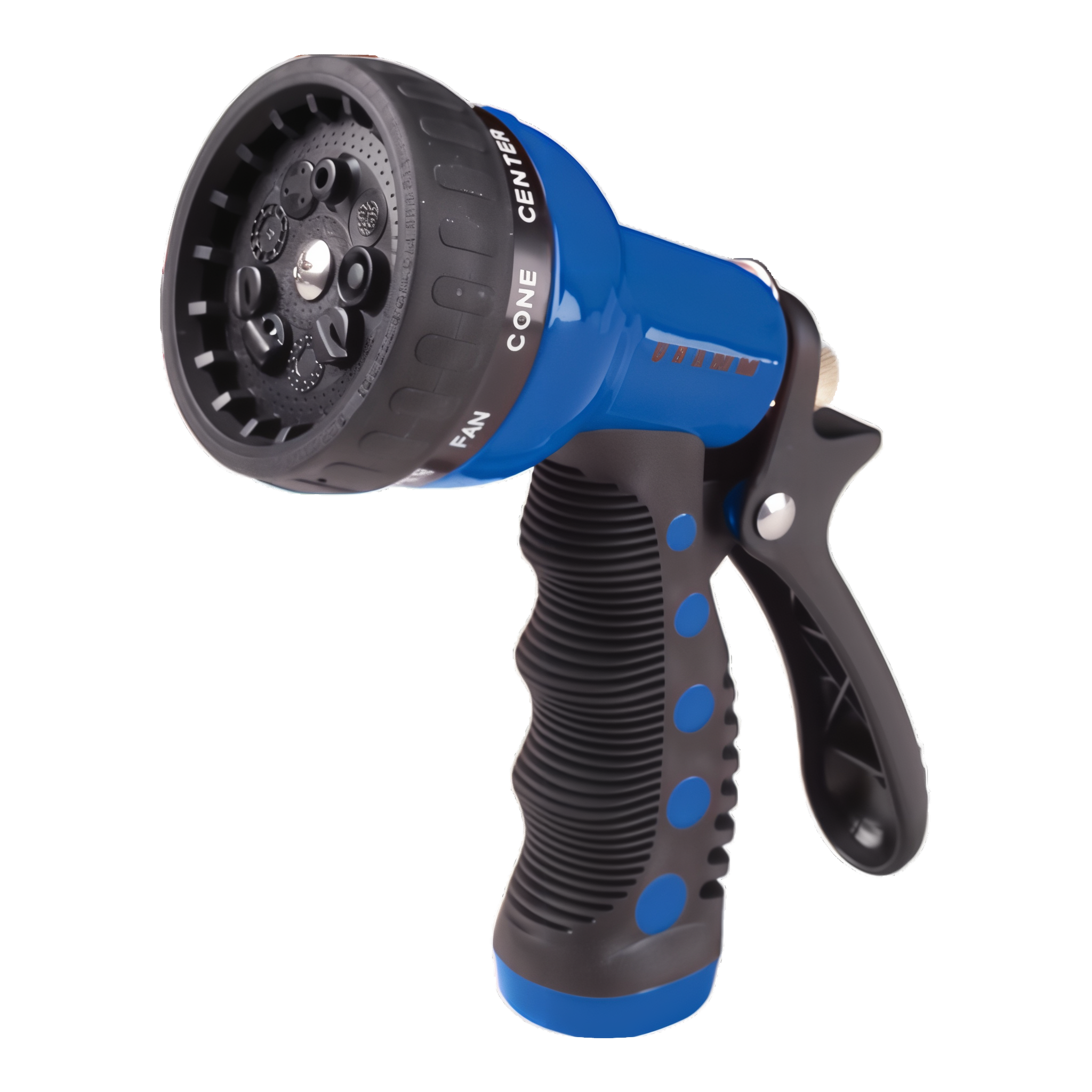 Dramm Touch 'N Flow Revolver 9-Pattern Spray Gun in Blue with heavy-duty metal body and ergonomic insulated grip